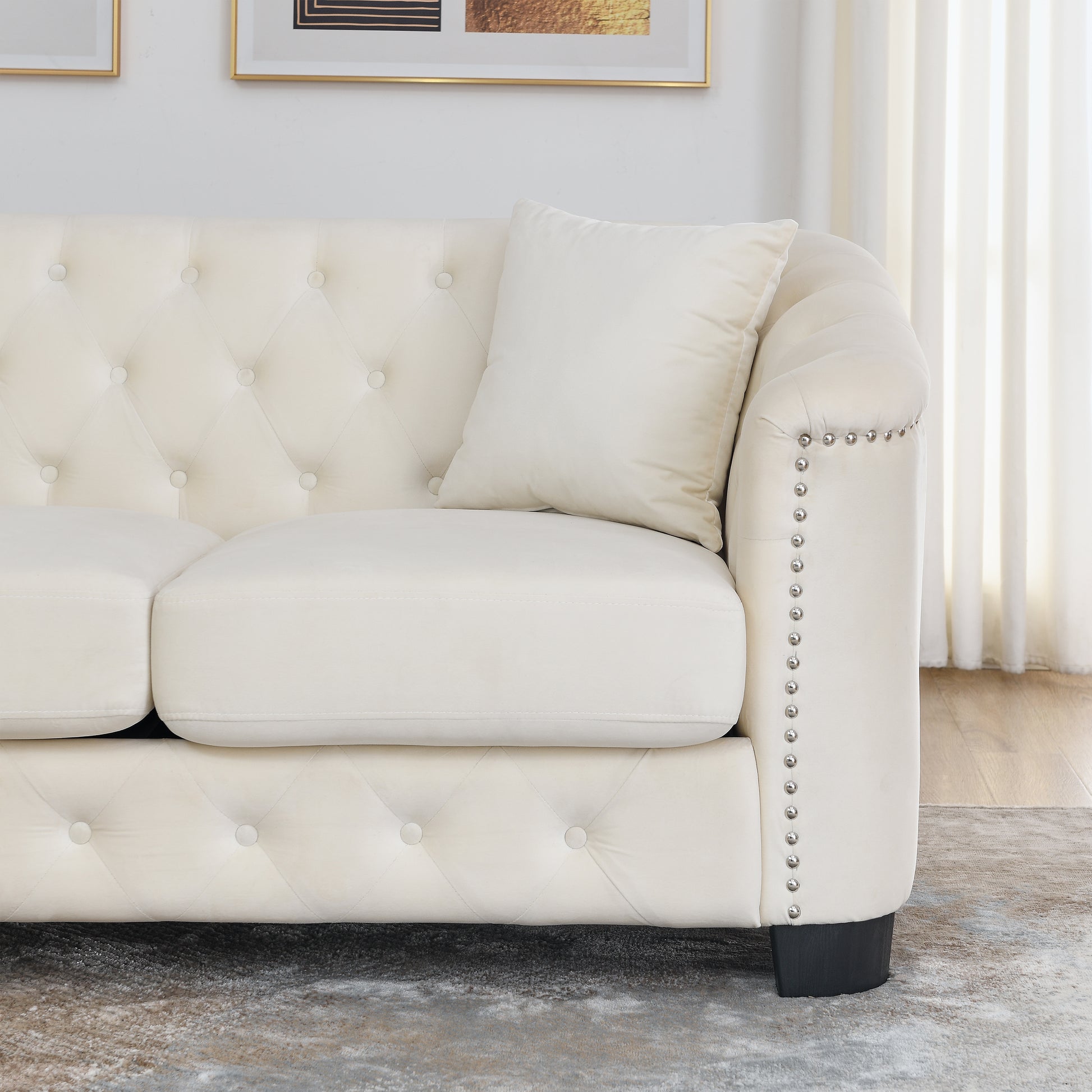 59 Inch Modern Chesterfield Velvet Sofa, 2 Seater Sofa, Upholstered Tufted Backrests With Arms And 2 Cushions For Living Room, Bedroom, Apartment, Office Beige Beige Primary Living Space Foam Velvet 2 Seat