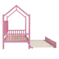 Wooden Twin Size House Bed With Trundle,Kids Bed With Shelf,Pink Pink Wood