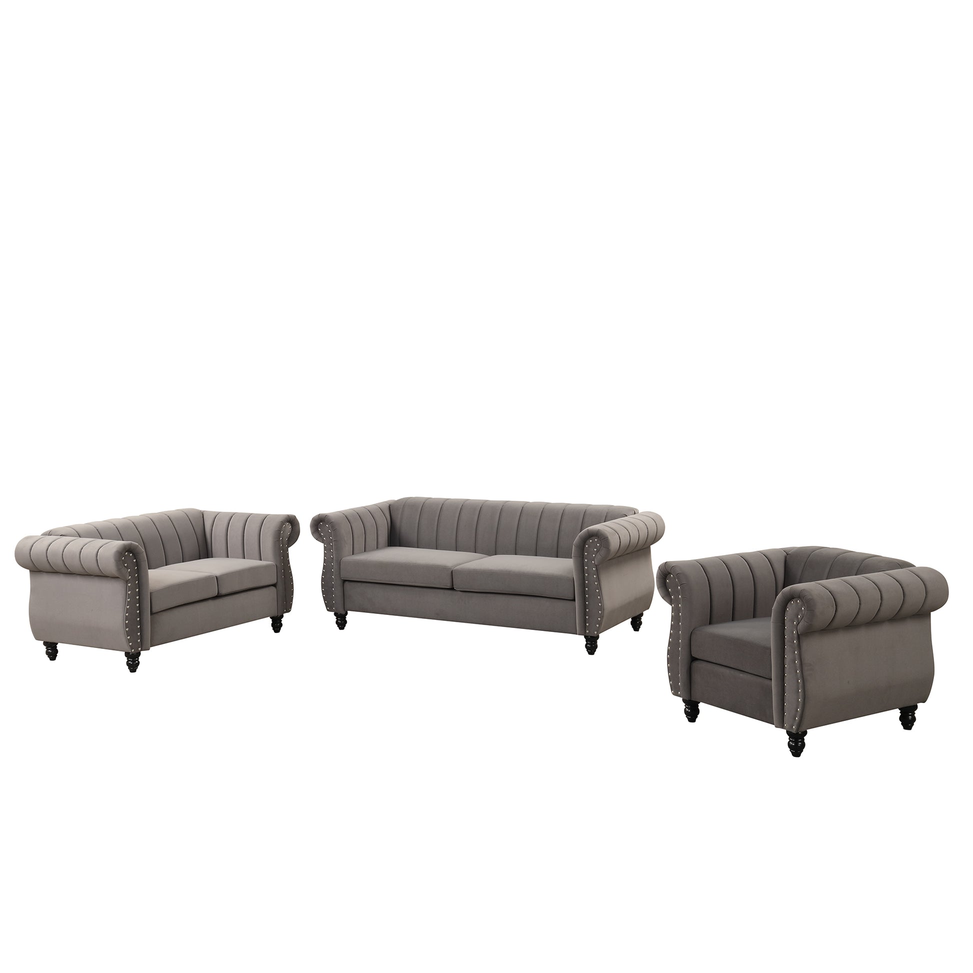 Modern Three Piece Sofa Set With Solid Wood Legs, Buttoned Tufted Backrest, Frosted Velvet Upholstered Sofa Set Including Three Seater Sofa, Double Seater And Living Room Furniture Set Single Chair Gray Foam Polyester