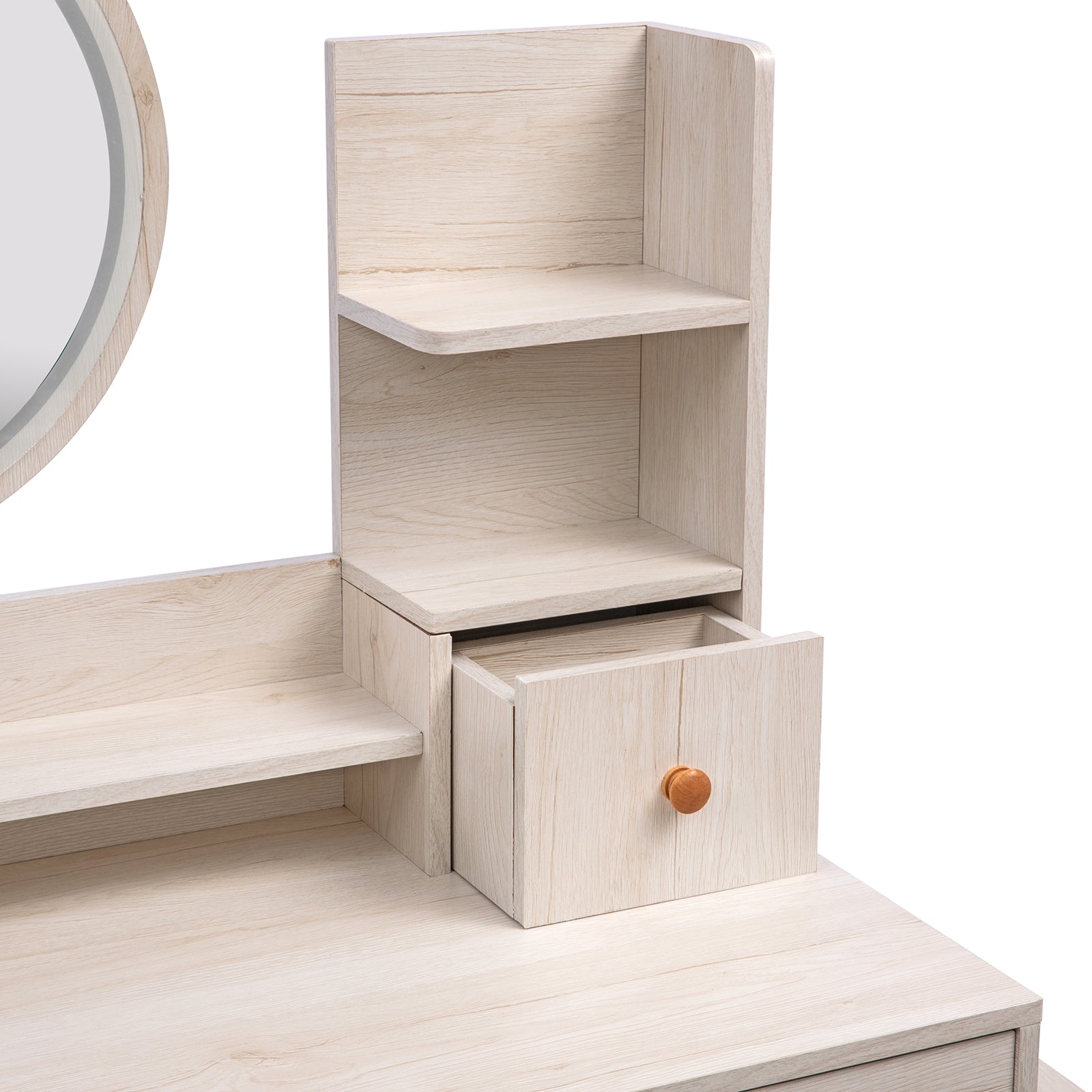 Stylish Vanity Table Cushioned Stool, Touch Control Led Mirror, Large Capacity Storage Cabinet, 5 Drawers, Fashionable Makeup Furniture, Length Adjustable L31.5" 43.2"X W15.8" X H48.1" Ameican White Oak Solid Wood Mdf