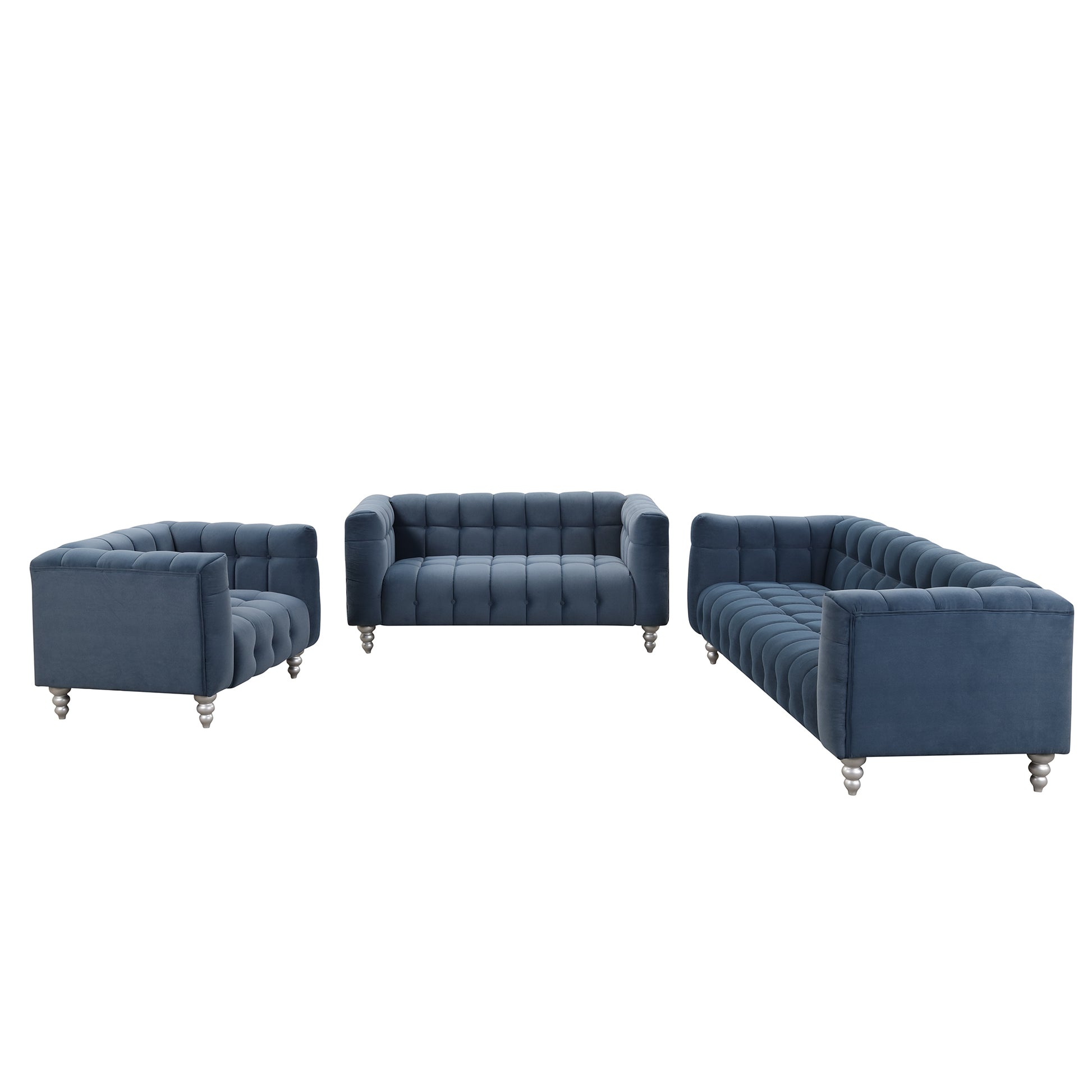 Modern 3 Piece Sofa Set With Solid Wood Legs, Buttoned Tufted Backrest, Dutch Fleece Upholstered Sofa Set Including Three Seater Sofa, Double Seat And Living Room Furniture Set Single Chair, Blue Blue Foam Polyester