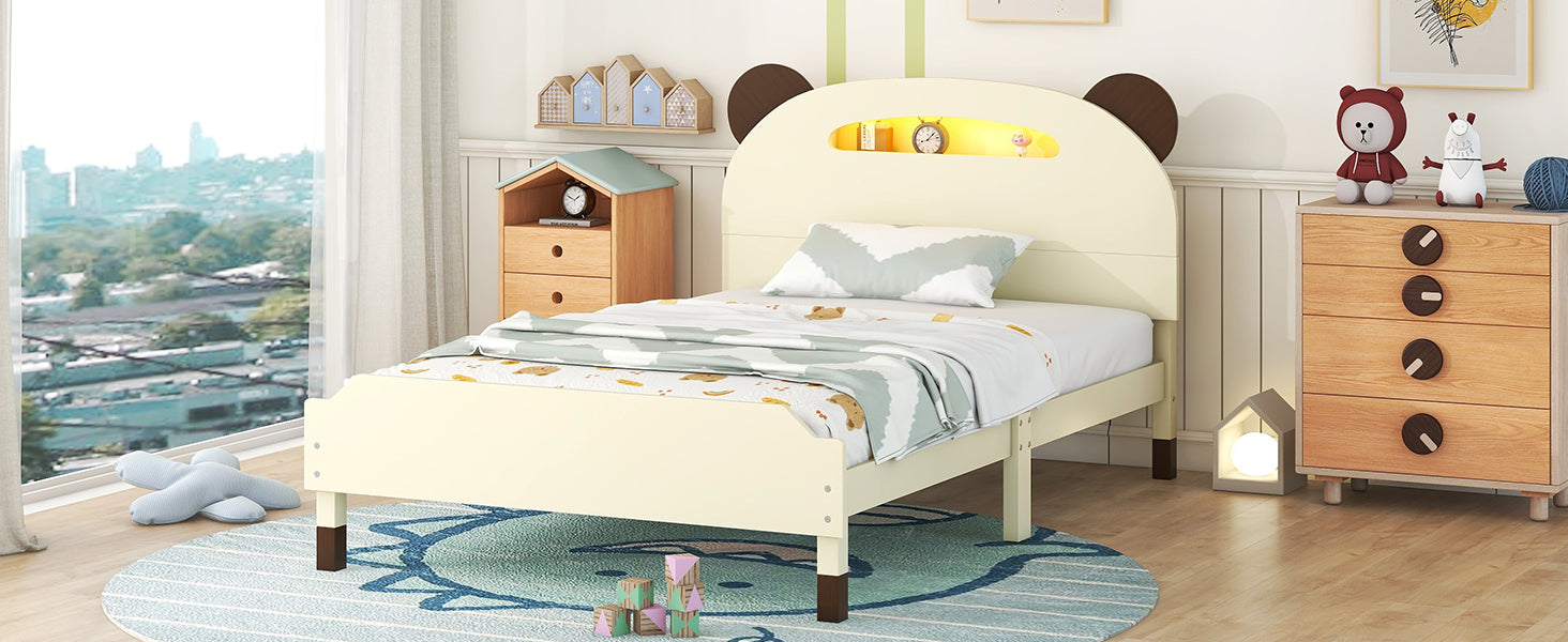 Twin Size Wood Platform Bed With Bear Shaped Headboard,Bed With Motion Activated Night Lights,Cream Walnut Cream Wood