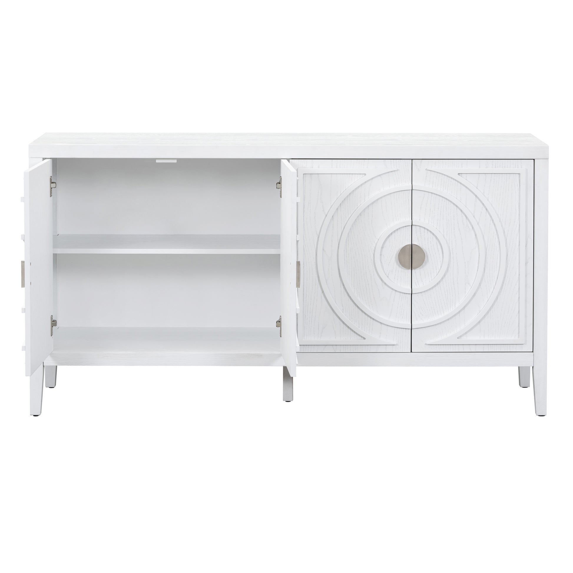 Retro Sideboard Door With Circular Groove Design Round Metal Door Handle For Entrance, Dinning Room, Living Room White White Mdf