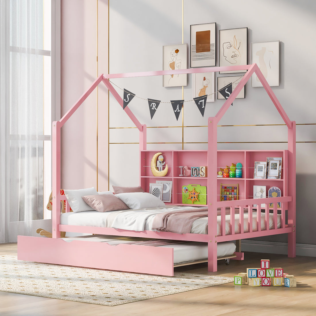 Wooden Full Size House Bed With Trundle,Kids Bed With Shelf,Pink Pink Wood