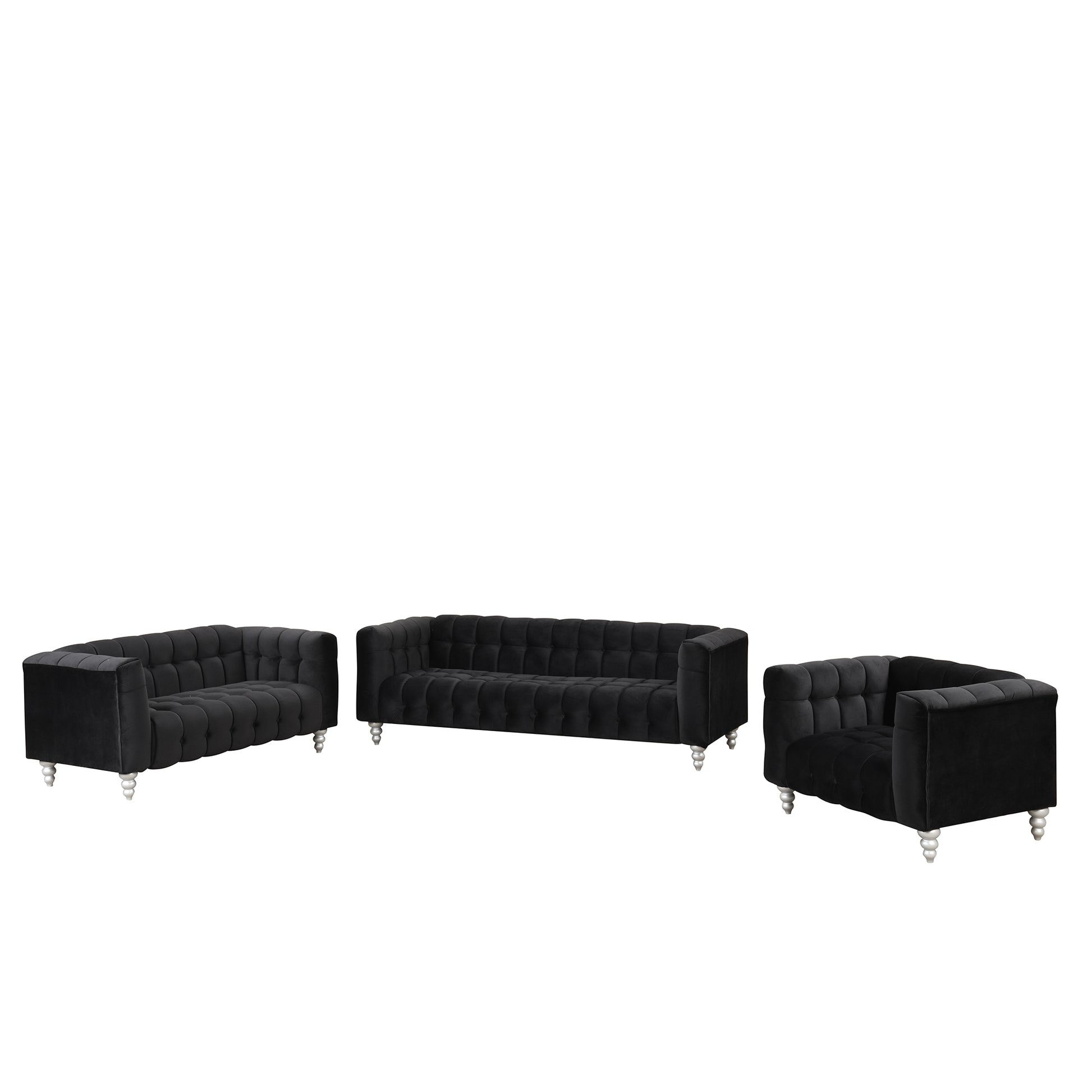 Modern 3 Piece Sofa Set With Solid Wood Legs, Buttoned Tufted Backrest, Dutch Fleece Upholstered Sofa Set Including Three Seater Sofa, Double Seat And Living Room Furniture Set Single Chair, Black Black Foam Polyester