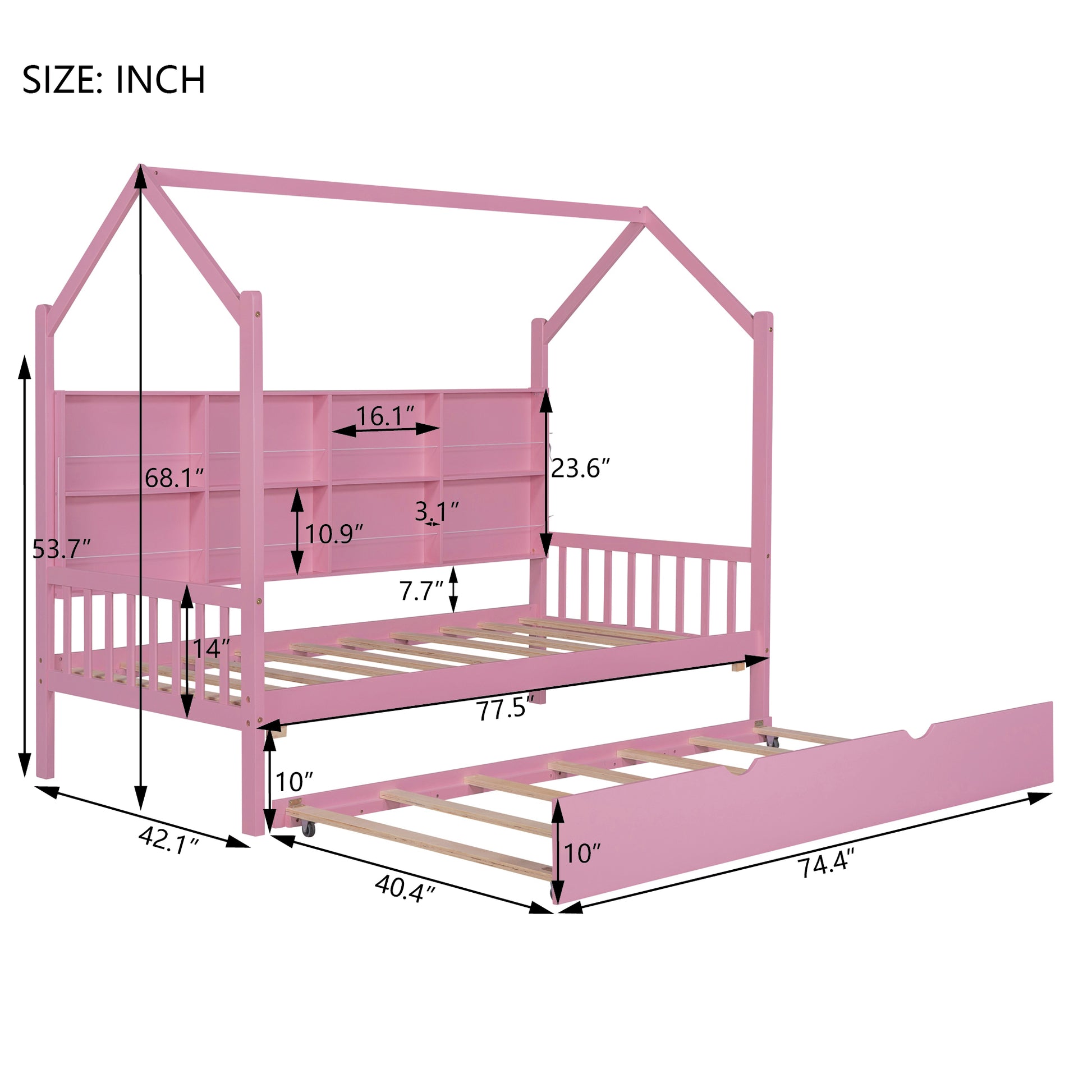 Wooden Twin Size House Bed With Trundle,Kids Bed With Shelf,Pink Pink Wood