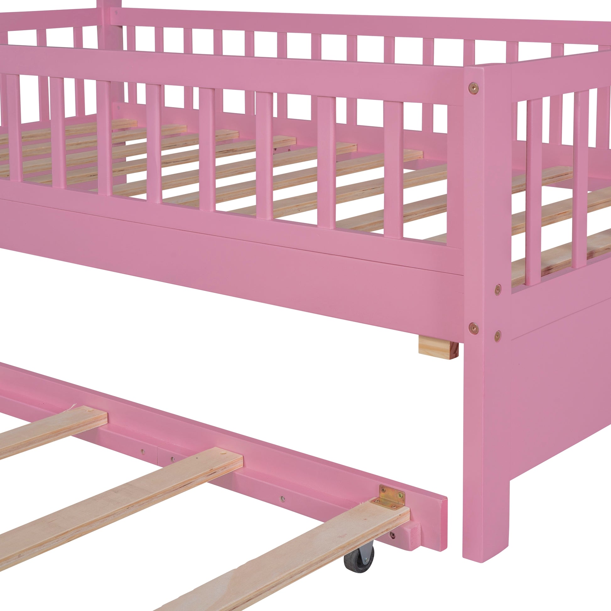 Wooden Twin Size House Bed With Trundle,Kids Bed With Shelf, Pink Pink Wood