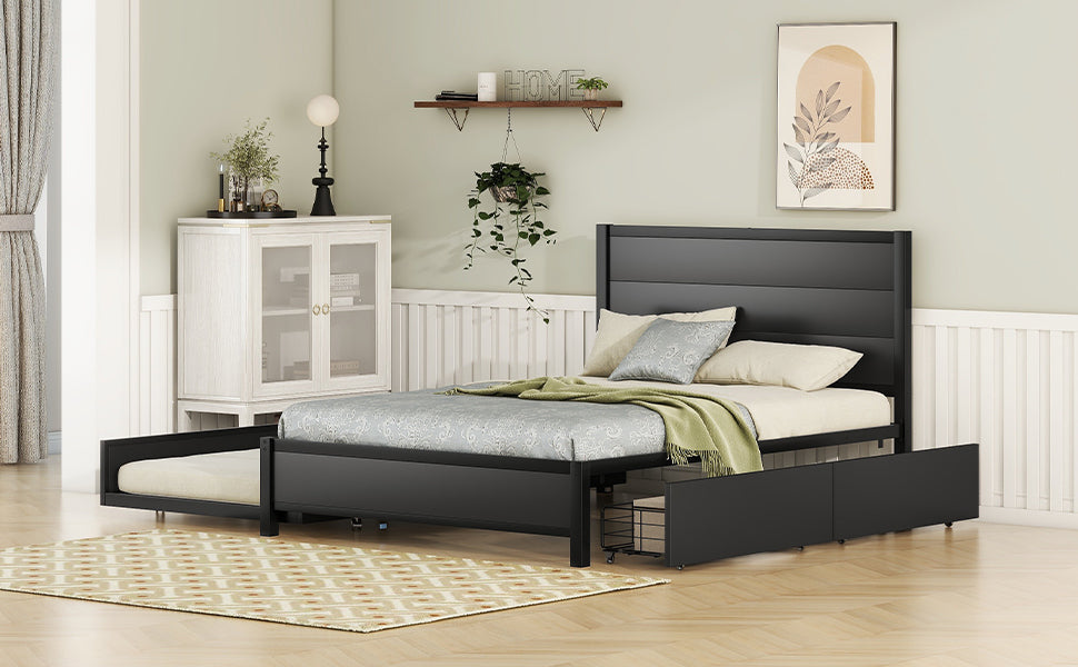 Metal Full Size Storage Platform Bed With Twin Size Trundle And 2 Drawers, Black Full Black Metal Bedroom Bed Frame Mdf Steel