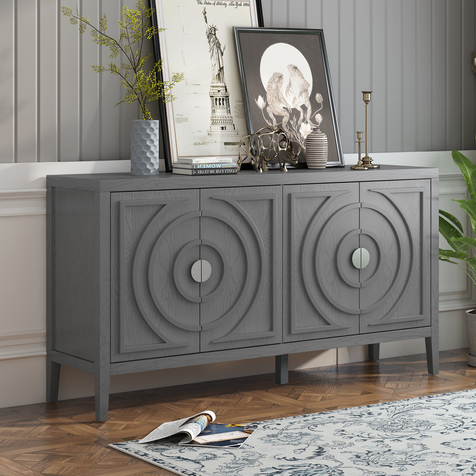 Retro Sideboard Door With Circular Groove Design Round Metal Door Handle For Entrance, Dinning Room, Living Room Gray Gray Mdf