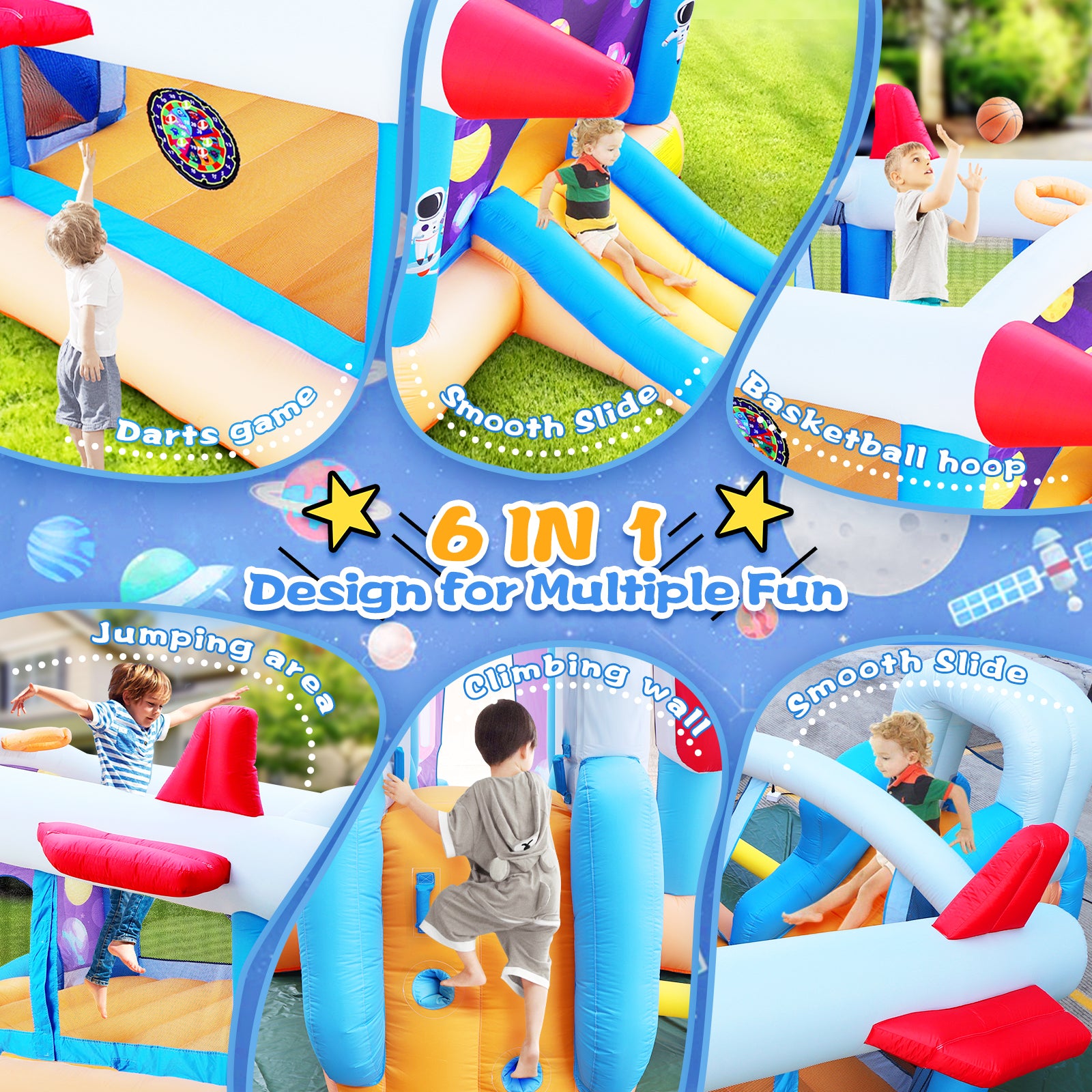 6 In 1 Outdoor Indoor Inflatable Bouncer For Kids Target Ball Basketball Slide With Blower Multicolor Oxford Fabric