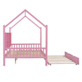 Wooden Full Size House Bed With Trundle,Kids Bed With Shelf,Pink Pink Wood