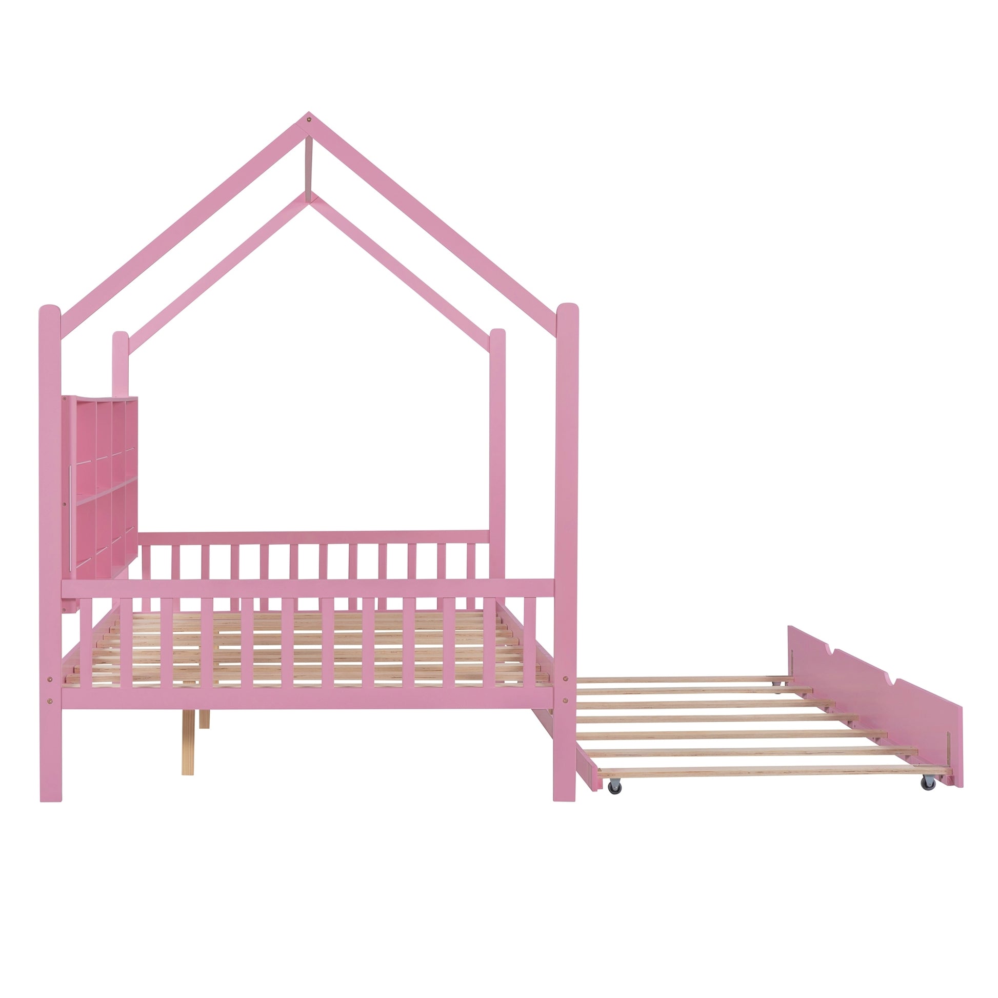 Wooden Full Size House Bed With Trundle,Kids Bed With Shelf,Pink Pink Wood