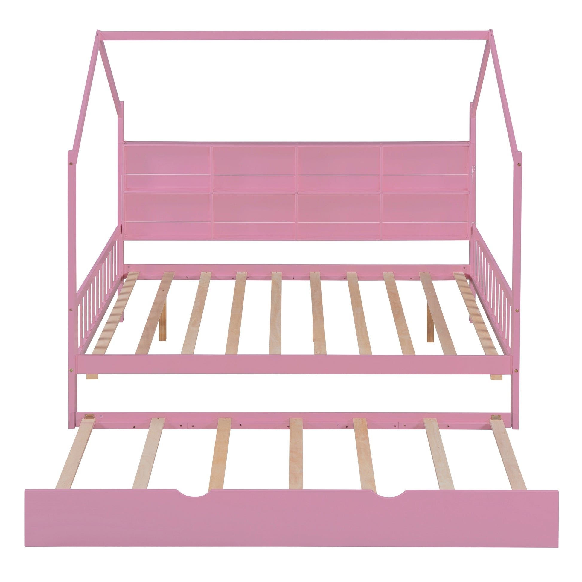 Wooden Full Size House Bed With Trundle,Kids Bed With Shelf,Pink Pink Wood