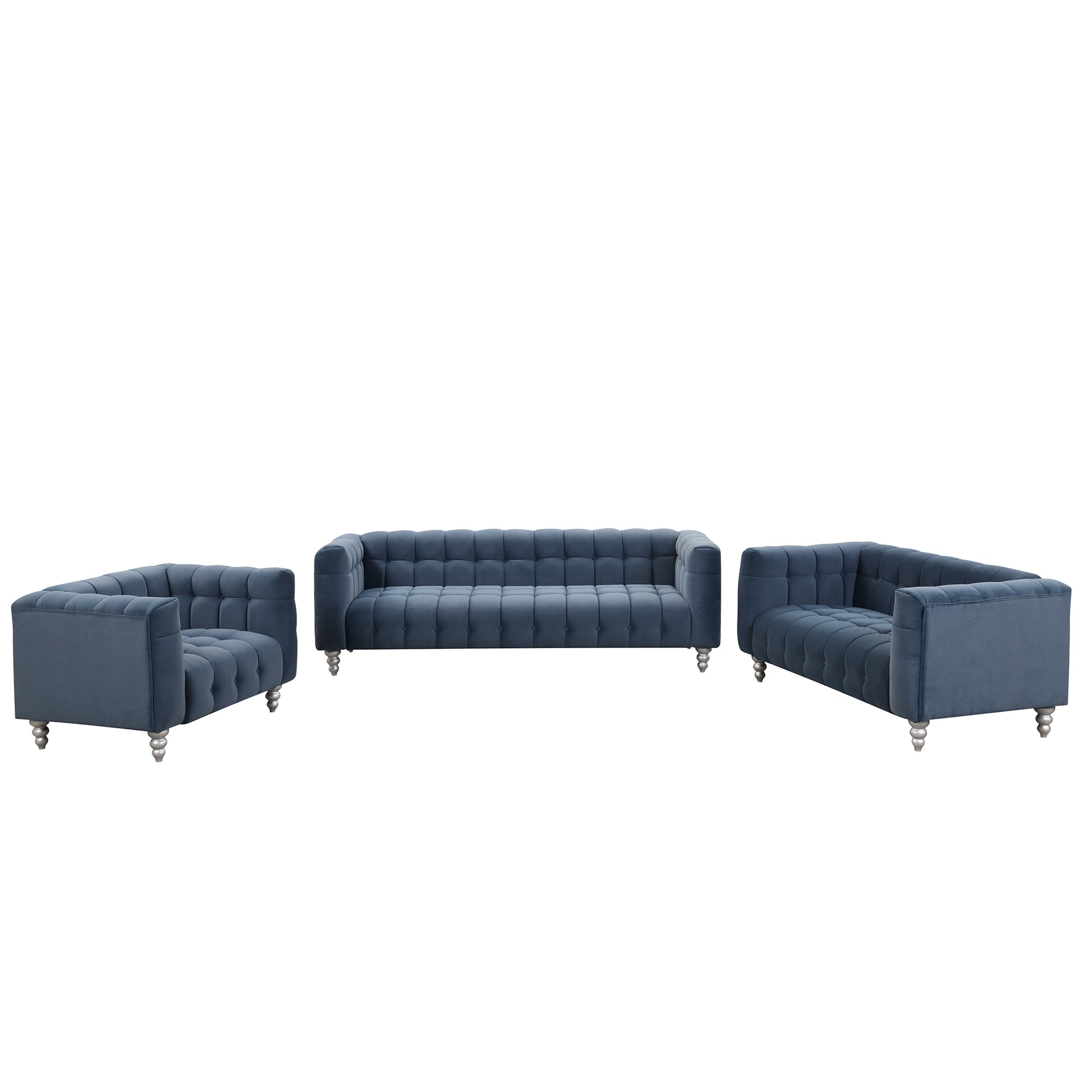 Modern 3 Piece Sofa Set With Solid Wood Legs, Buttoned Tufted Backrest, Dutch Fleece Upholstered Sofa Set Including Three Seater Sofa, Double Seat And Living Room Furniture Set Single Chair, Blue Blue Foam Polyester