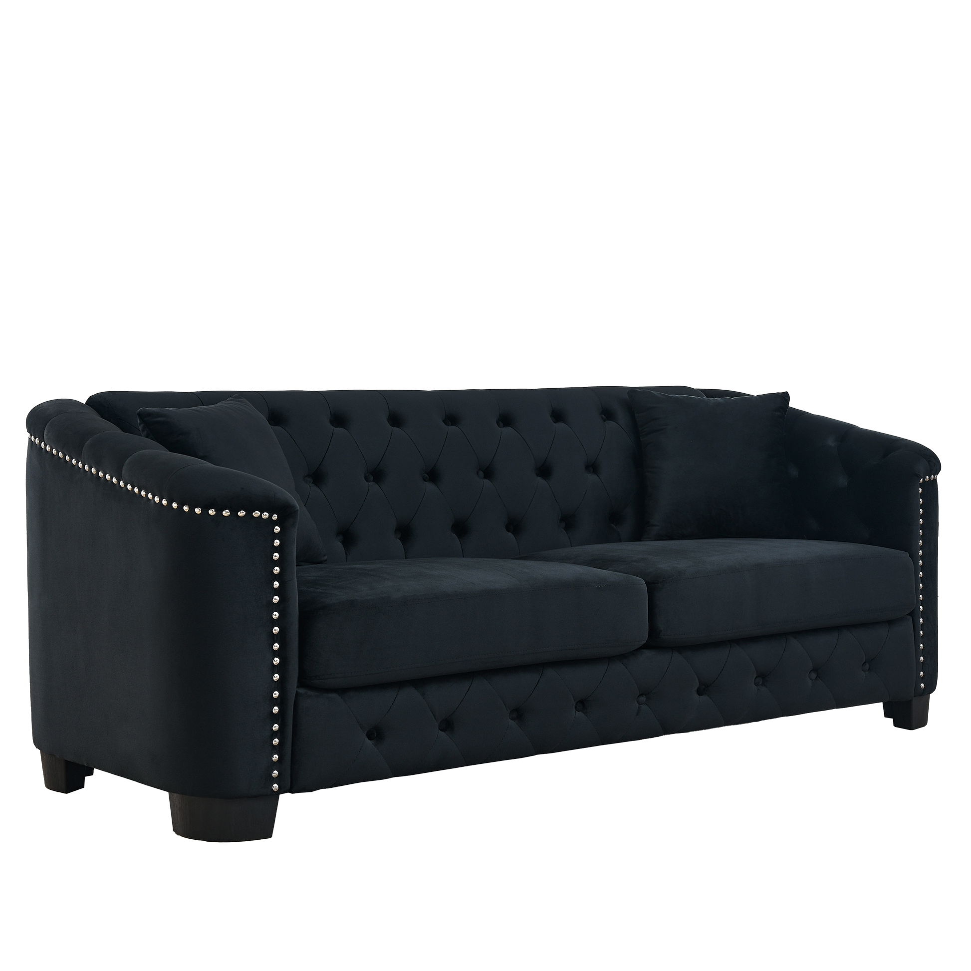 77 Inch Modern Chesterfield Velvet Sofa, 3 Seater Sofa, Upholstered Tufted Backrests With Arms And 2 Cushions For Living Room, Bedroom, Apartment, Office Black Black Primary Living Space Foam Velvet