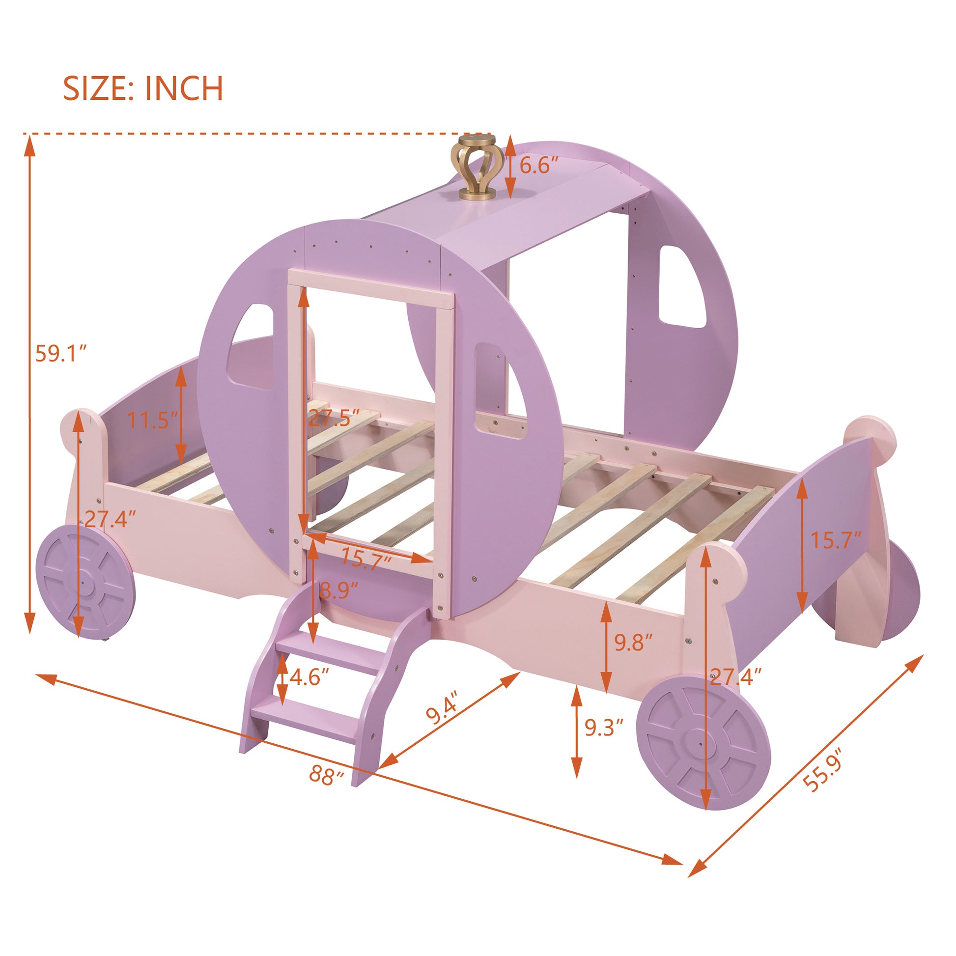 Twin Size Princess Carriage Bed With Crown,Wood Platform Car Bed With Stair,Purple Pink Pink Wood