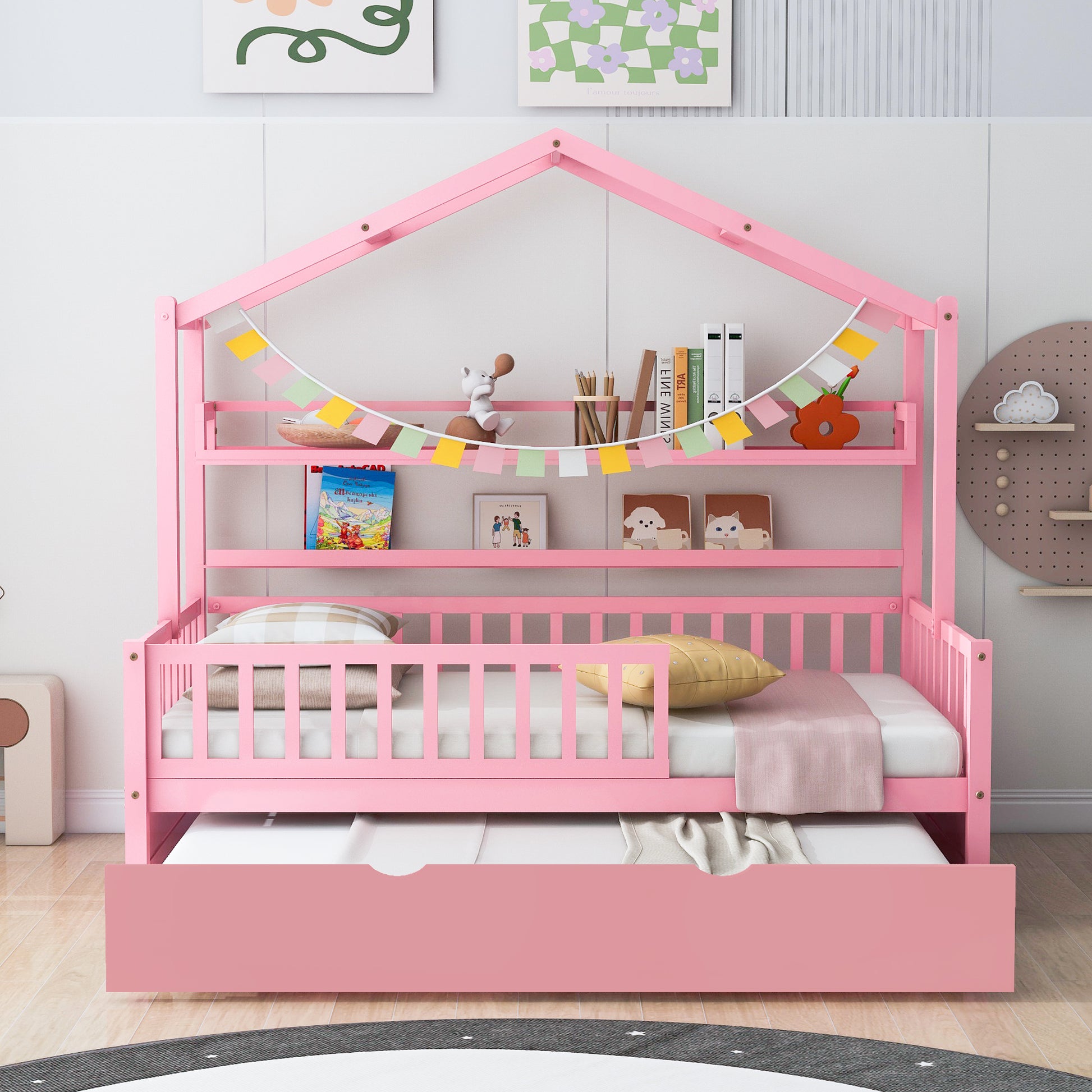 Wooden Twin Size House Bed With Trundle,Kids Bed With Shelf, Pink Pink Wood