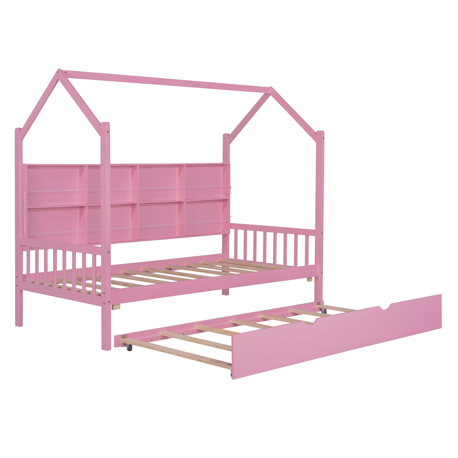 Wooden Twin Size House Bed With Trundle,Kids Bed With Shelf,Pink Pink Wood