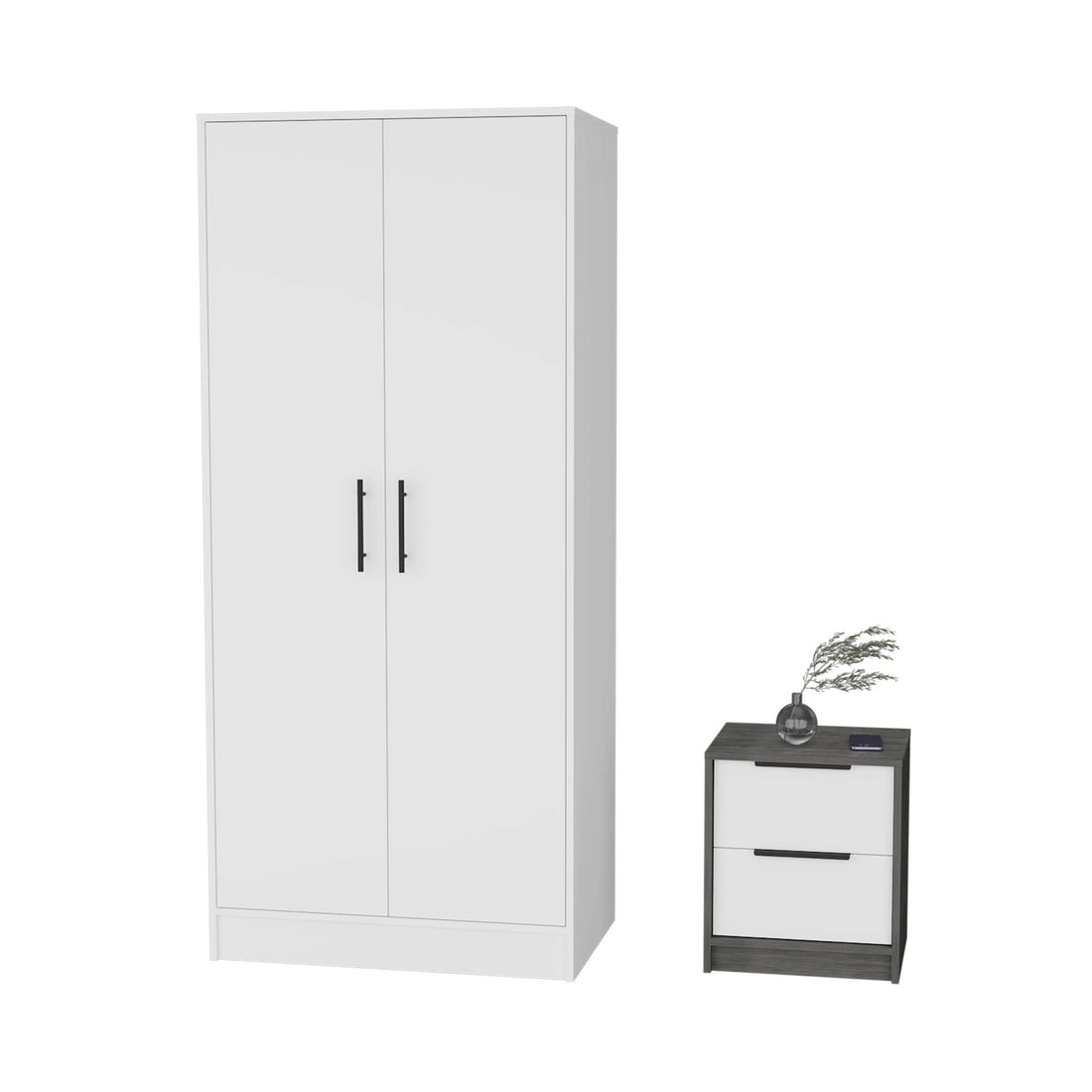 Mercer 2 Piece Bedroom Set, Armoire Nightstand, White And Smokey Oak King White White 2 Piece Set Bedroom Nightstand Included Engineered Wood