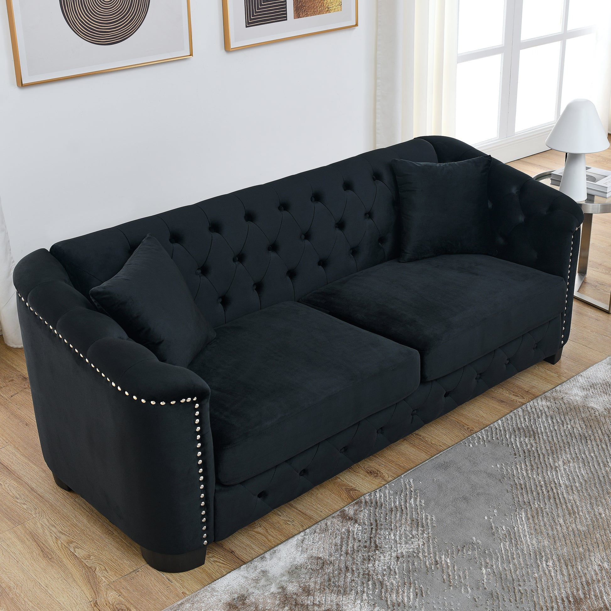 77 Inch Modern Chesterfield Velvet Sofa, 3 Seater Sofa, Upholstered Tufted Backrests With Arms And 2 Cushions For Living Room, Bedroom, Apartment, Office Black Black Primary Living Space Foam Velvet