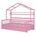 Wooden Twin Size House Bed With Trundle,Kids Bed With Shelf, Pink Pink Wood