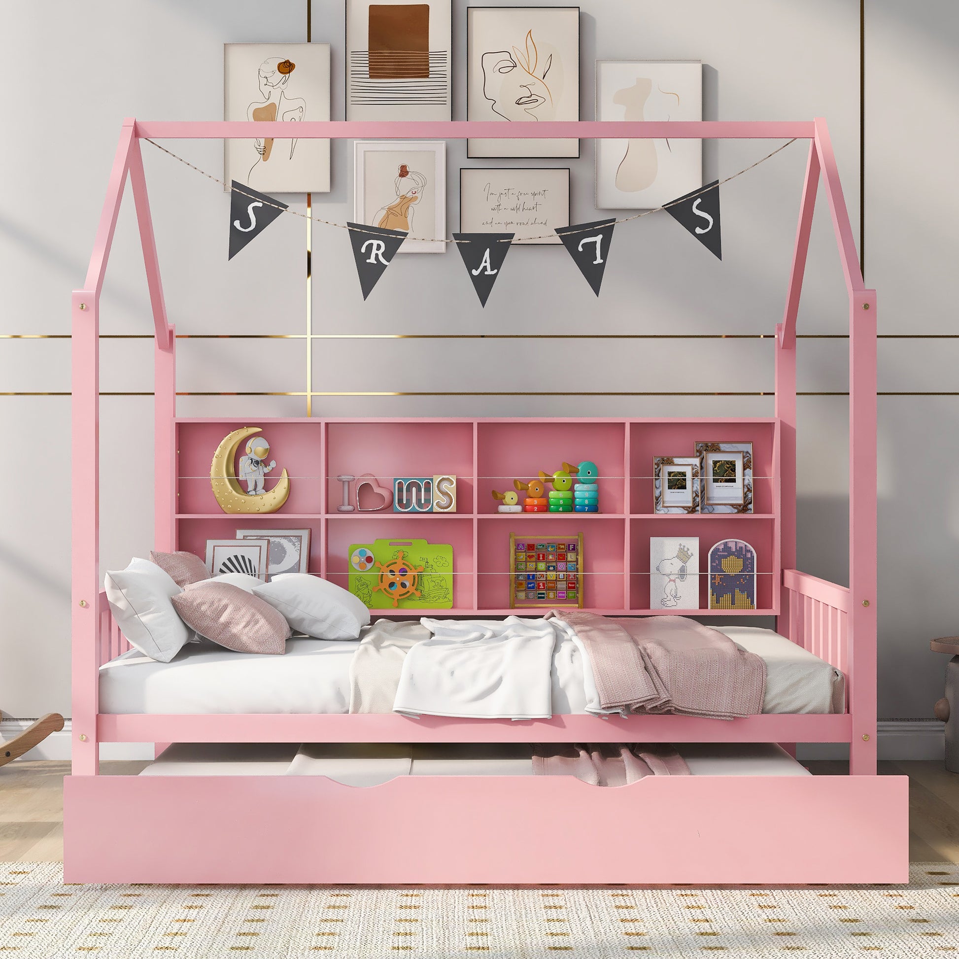 Wooden Full Size House Bed With Trundle,Kids Bed With Shelf,Pink Pink Wood