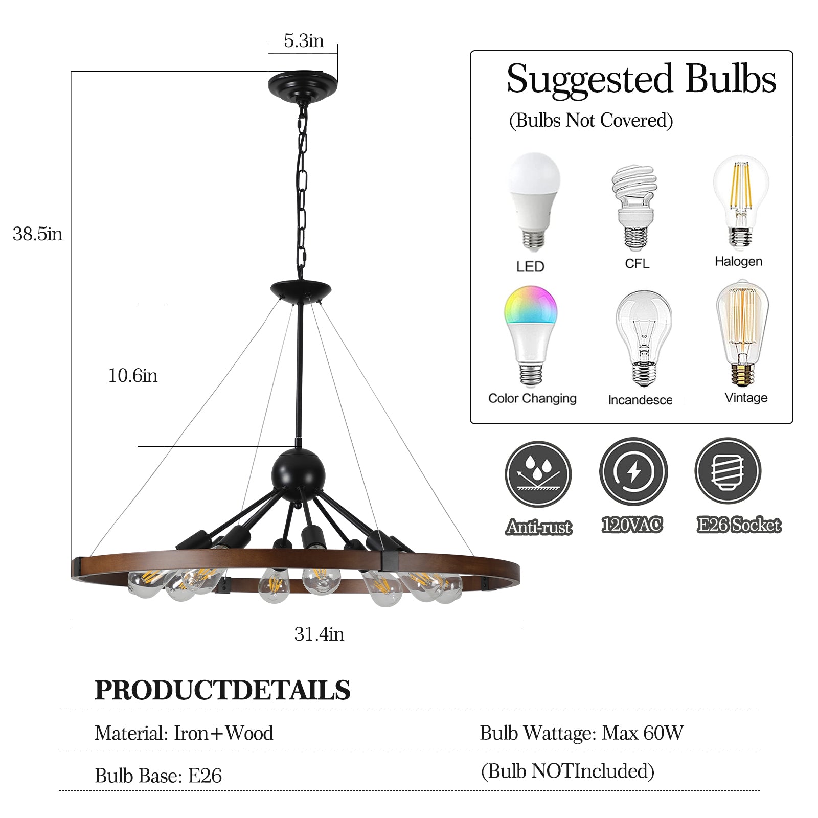 Same As W1340111208 L1012 8 Light Retro Farmhouse Chandelier For Kitchen, Living Room, Dining Room Red And Walnut No Bulbs Walnut Black Farmhouse Iron