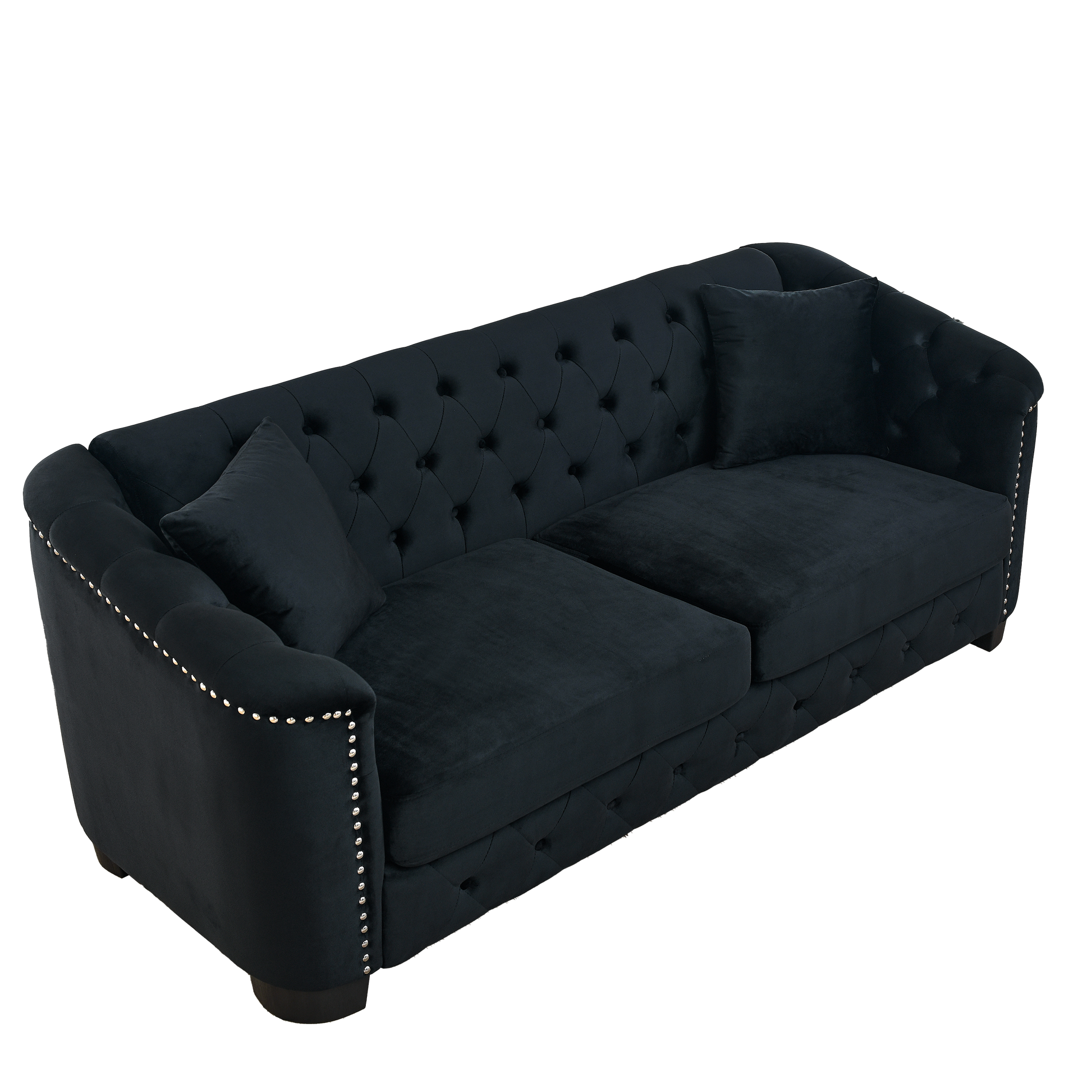 77 Inch Modern Chesterfield Velvet Sofa, 3 Seater Sofa, Upholstered Tufted Backrests With Arms And 2 Cushions For Living Room, Bedroom, Apartment, Office Black Black Primary Living Space Foam Velvet