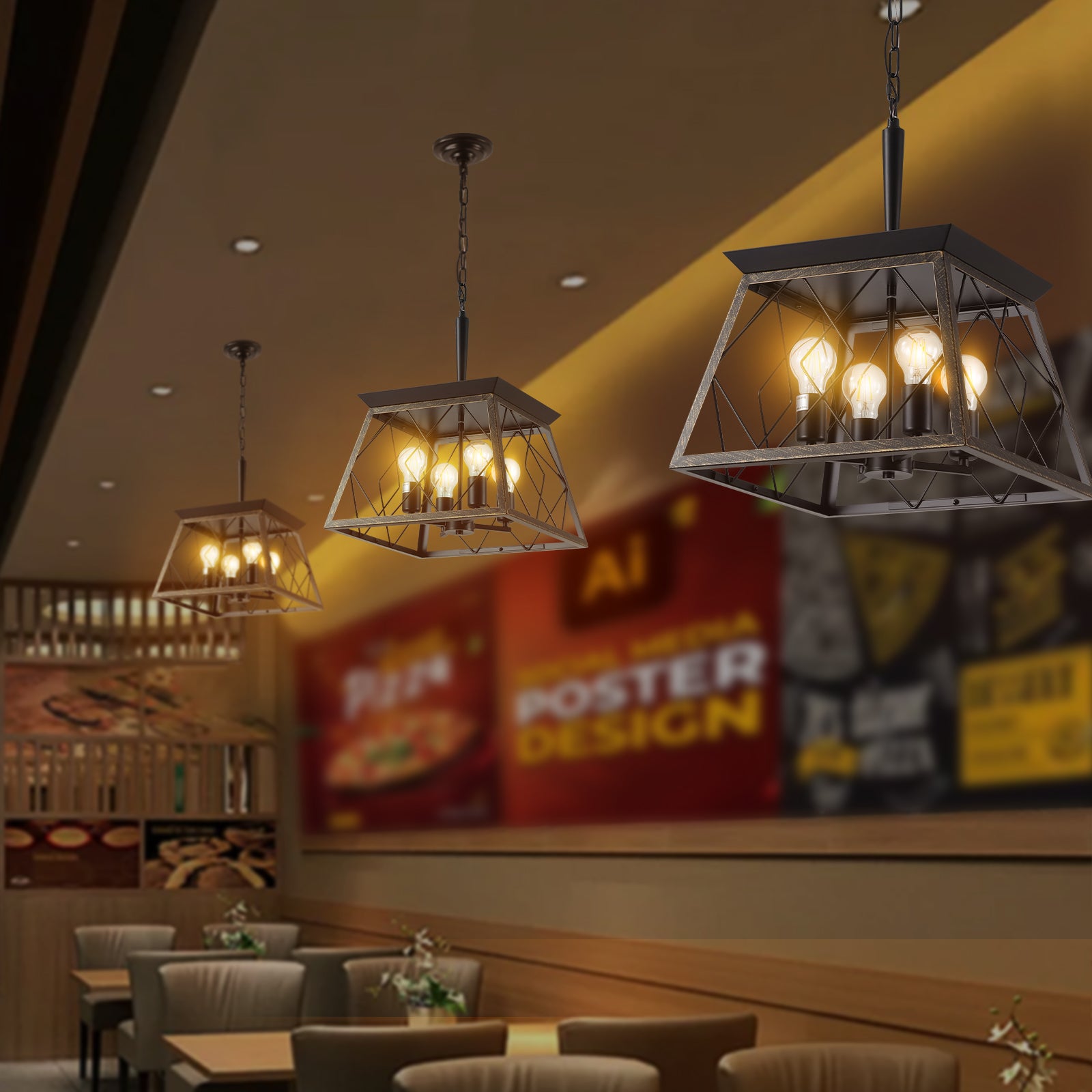 Same As W1340111204 L1010 16" Black Gold Industrial 4 Light Pendant Chandelier, Modern Metal Cage Design, Adjustable Hanging Light For Dining Room, Kitchen, Living Room No Bulbs Golden Black Ceiling