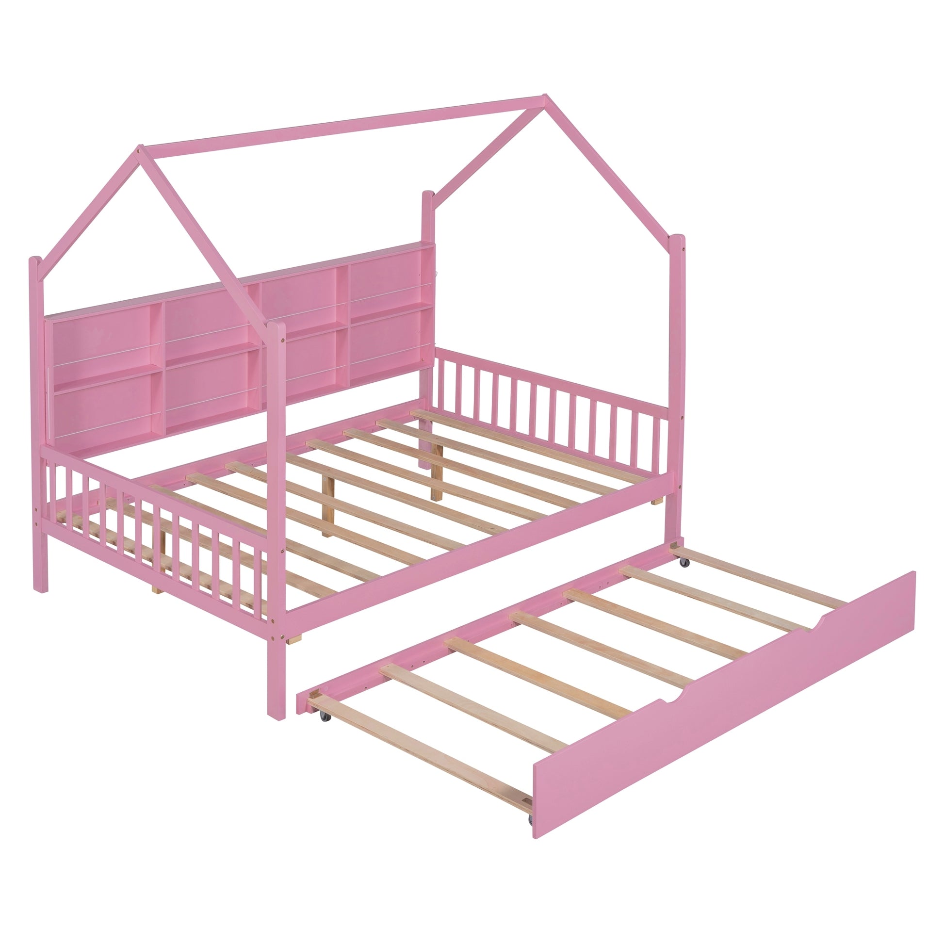 Wooden Full Size House Bed With Trundle,Kids Bed With Shelf,Pink Pink Wood