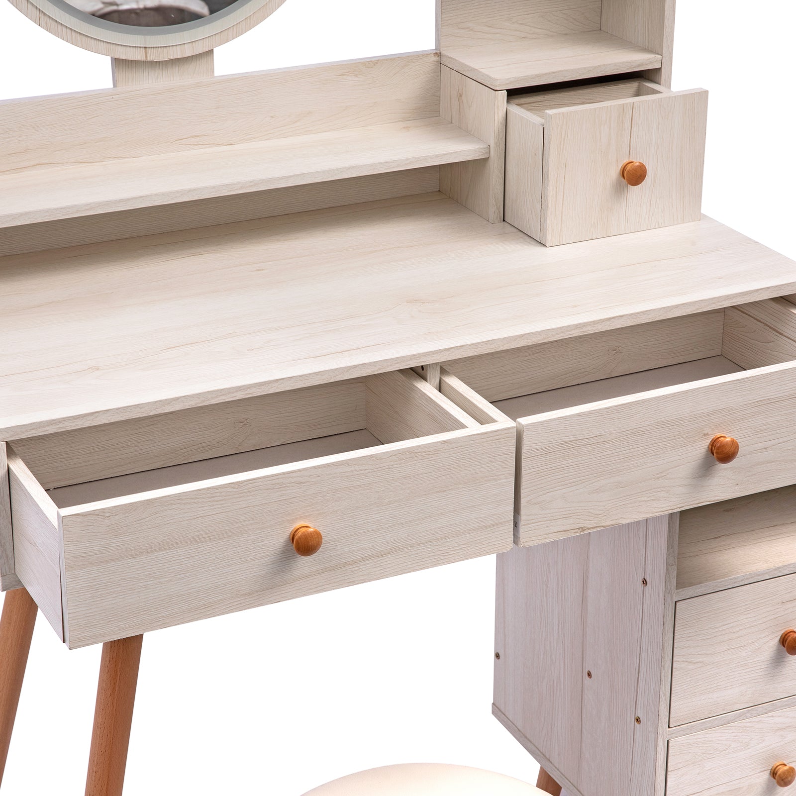 Stylish Vanity Table Cushioned Stool, Touch Control Led Mirror, Large Capacity Storage Cabinet, 5 Drawers, Fashionable Makeup Furniture, Length Adjustable L31.5" 43.2"X W15.8" X H48.1" Ameican White Oak Solid Wood Mdf