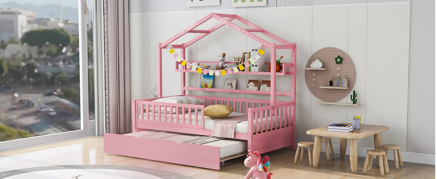 Wooden Twin Size House Bed With Trundle,Kids Bed With Shelf, Pink Pink Wood