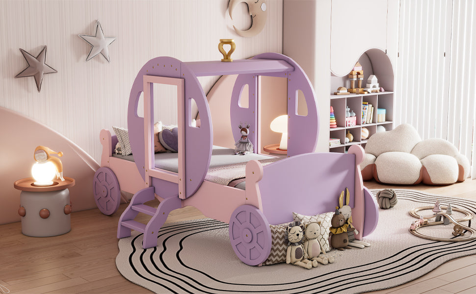 Twin Size Princess Carriage Bed With Crown,Wood Platform Car Bed With Stair,Purple Pink Pink Wood