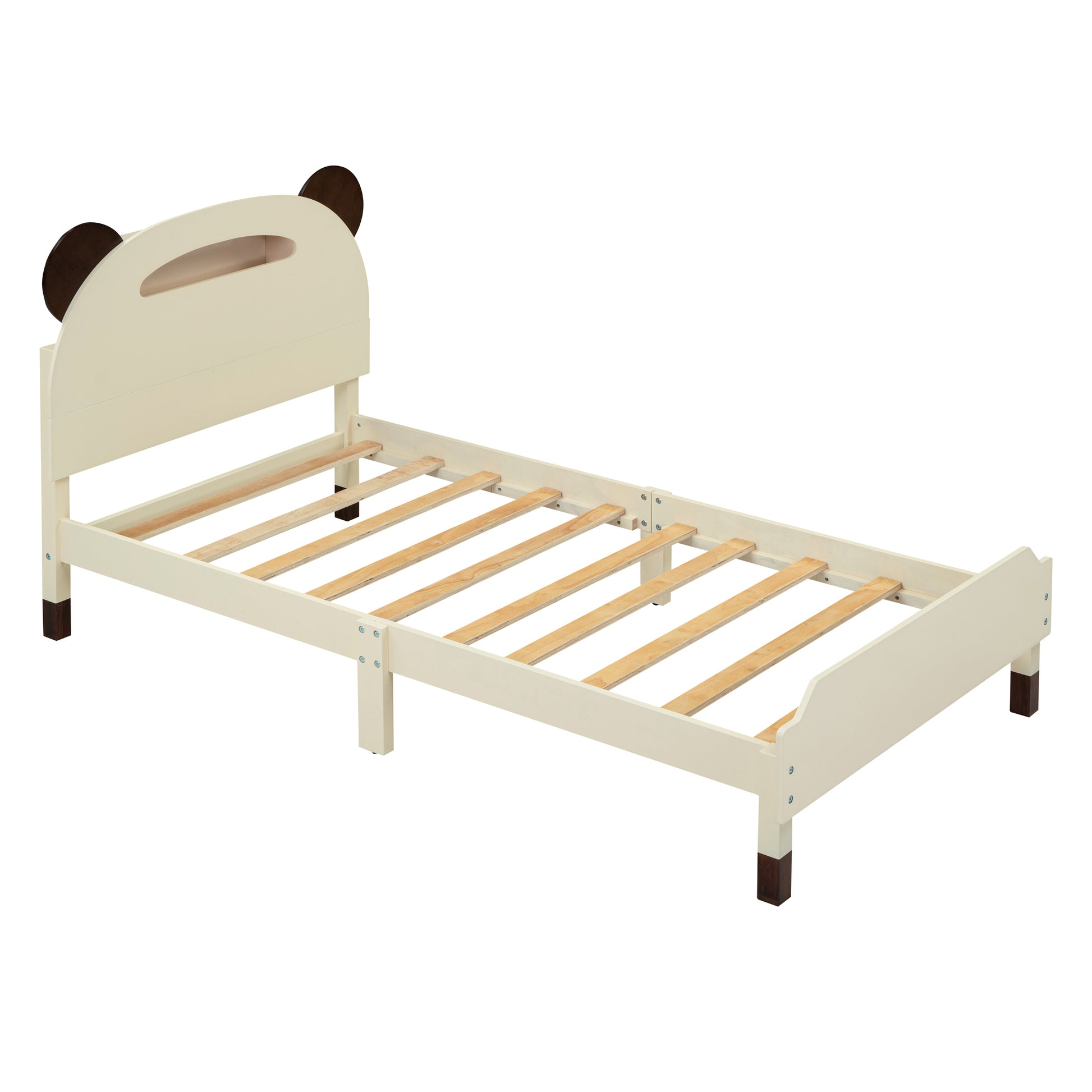 Twin Size Wood Platform Bed With Bear Shaped Headboard,Bed With Motion Activated Night Lights,Cream Walnut Cream Wood