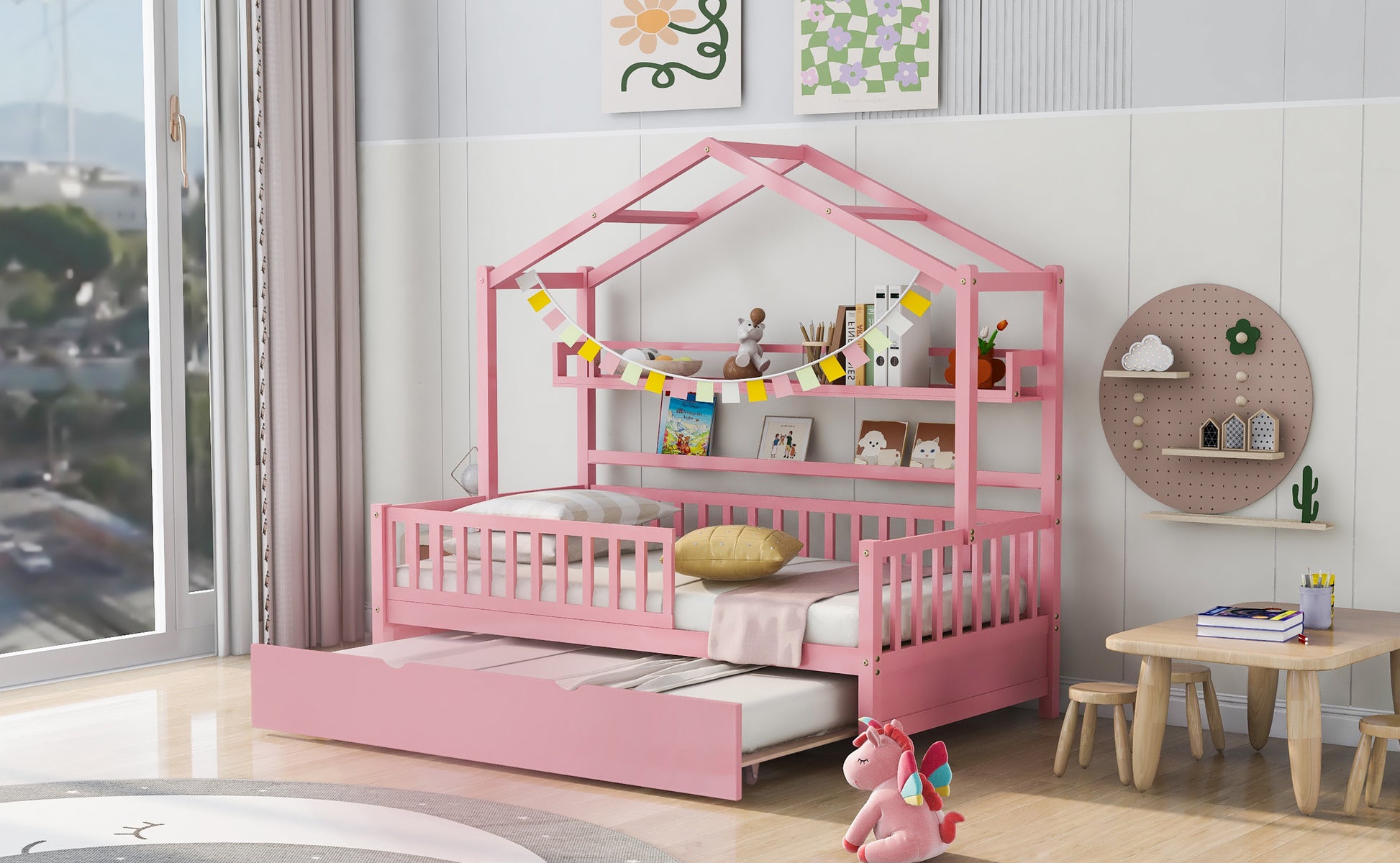 Wooden Twin Size House Bed With Trundle,Kids Bed With Shelf, Pink Pink Wood