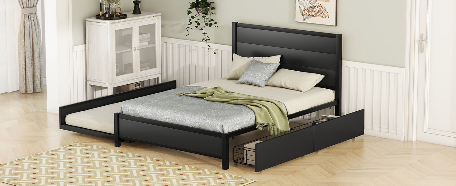 Metal Full Size Storage Platform Bed With Twin Size Trundle And 2 Drawers, Black Full Black Metal Bedroom Bed Frame Mdf Steel