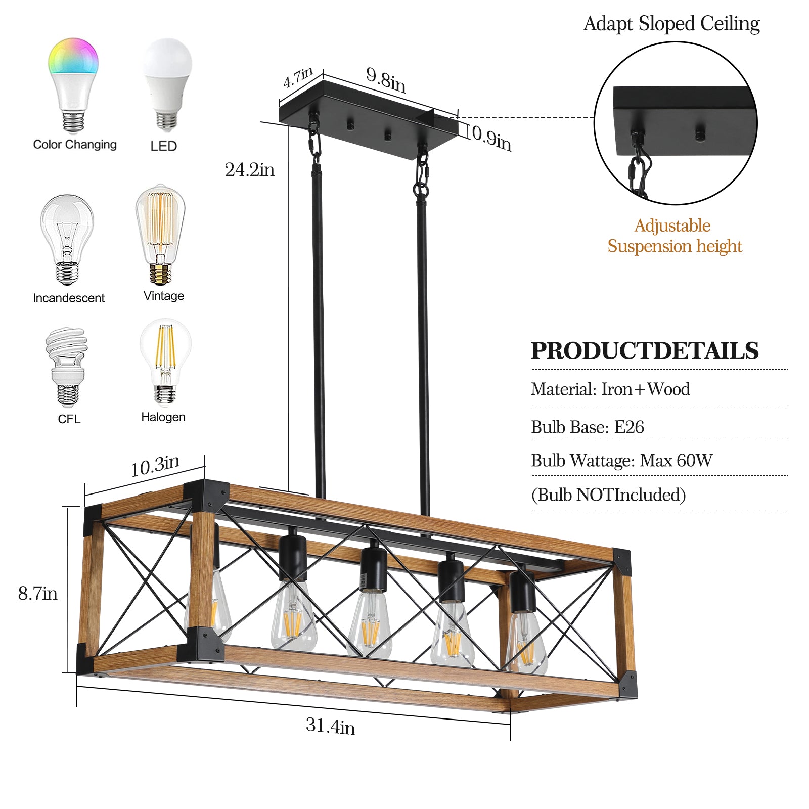 Same As W1340111207 L1011 5 Light Retro Farmhouse Chandelier For Kitchen, Living Room, Dining Room Walnut No Bulbs Walnut Black Ceiling Lights Farmhouse Iron