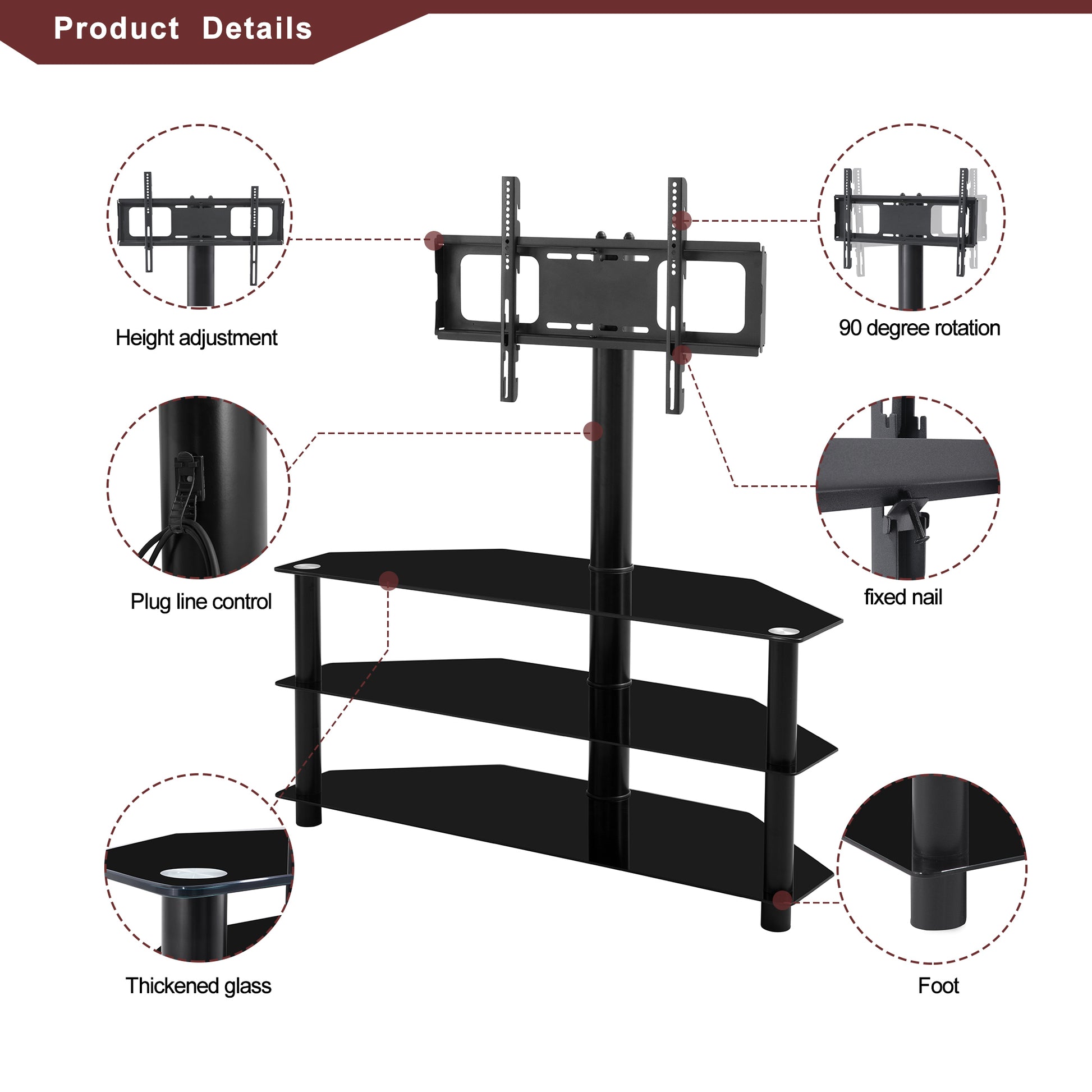 35.4 Inch Black Multi Function Tv Stand Height Adjustable Bracket Swivel 3 Tier Black Glass