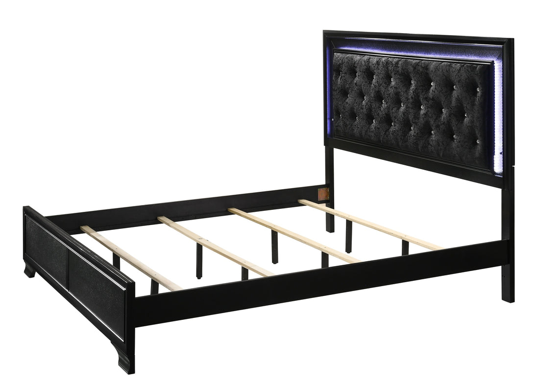 Modern Black Finish Upholstered 1Pc King Size Led Panel Bed Faux Diamond Tufted Bedroom Furniture Black Solid Wood