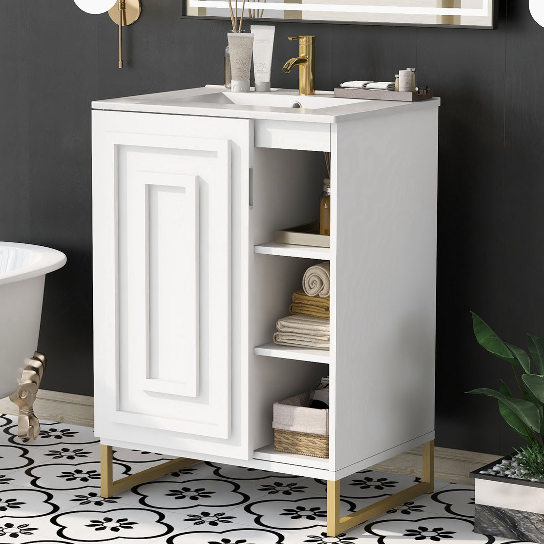 24Inch White Bathroom Vanity Sink Combo For Small Space, Modern Design With Ceramic Basin, Gold Legs And Semi Open Storage Faucet Not Included White Mdf