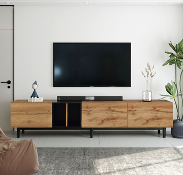 Modern Tv Stand For 80'' Tv With 3 Doors, Media Console Table, Entertainment Center With Large Storage Cabinet For Living Room, Bedroom Natural Wood Mdf