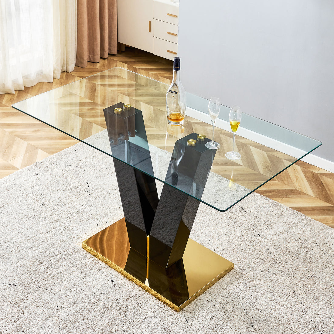 Large Modern Minimalist Rectangular Glass Dining Table For 6 8 With 0.39" Tempered Glass Tabletop And Mdf Slab V Shaped Bracket,For Kitchen Dining Living Meeting Room Banquet Hall F V 16090 Trb Transparent Glass