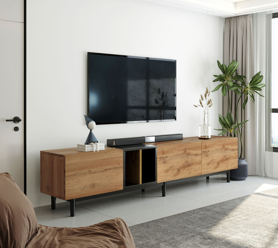 Modern Tv Stand For 80'' Tv With 3 Doors, Media Console Table, Entertainment Center With Large Storage Cabinet For Living Room, Bedroom Natural Wood Mdf