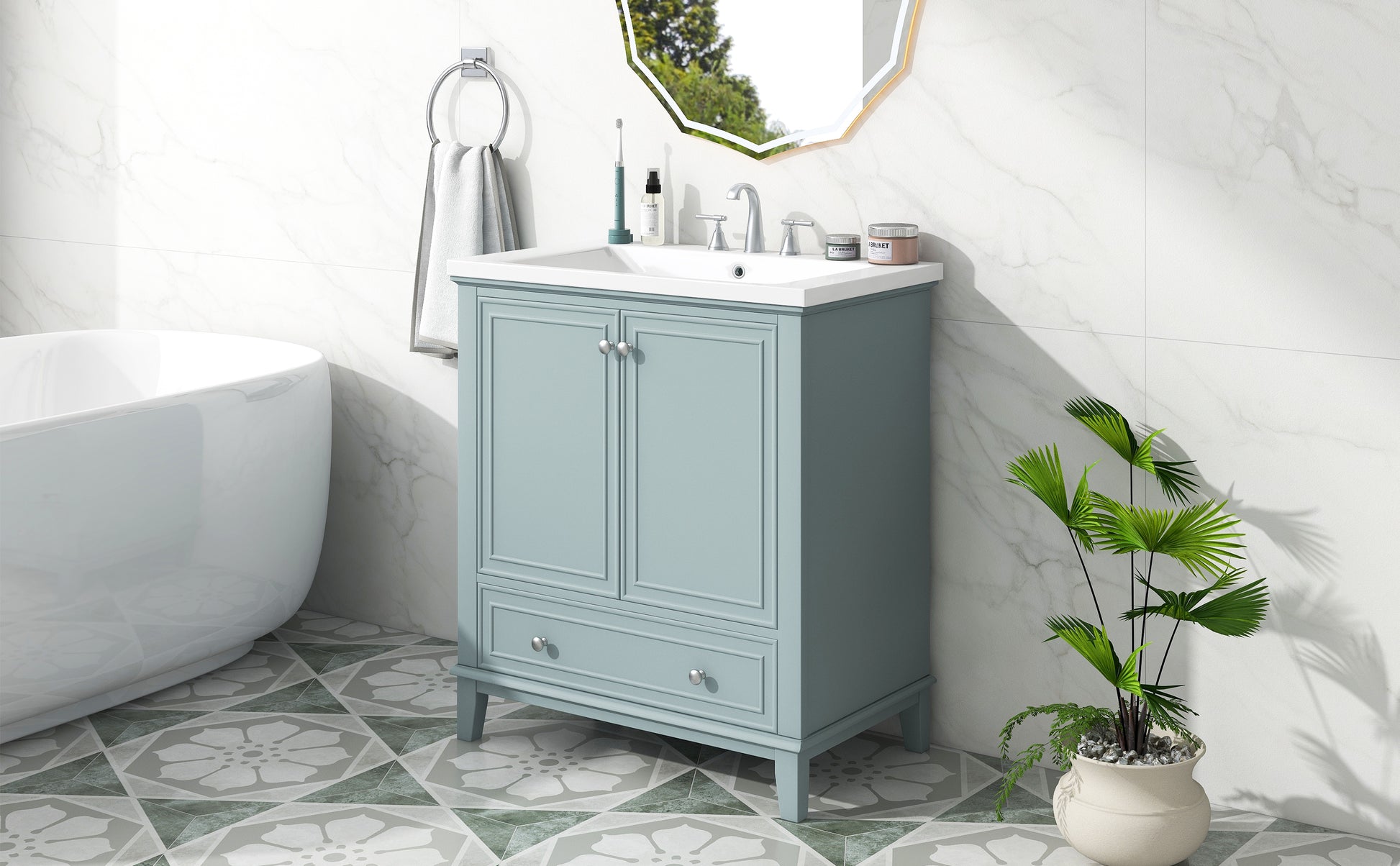 30" Bathroom Vanity With Sink Combo, Multi Functional Bathroom Cabinet With Doors And Drawer, Solid Frame And Mdf Board, Green Old Sku:Sy999606Aac Green Solid Wood Mdf