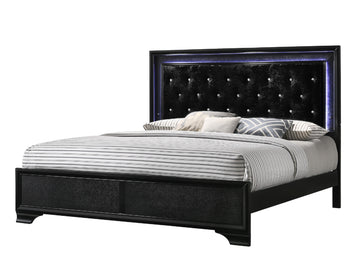 Modern Black Finish Upholstered 1Pc King Size Led Panel Bed Faux Diamond Tufted Bedroom Furniture Black Solid Wood