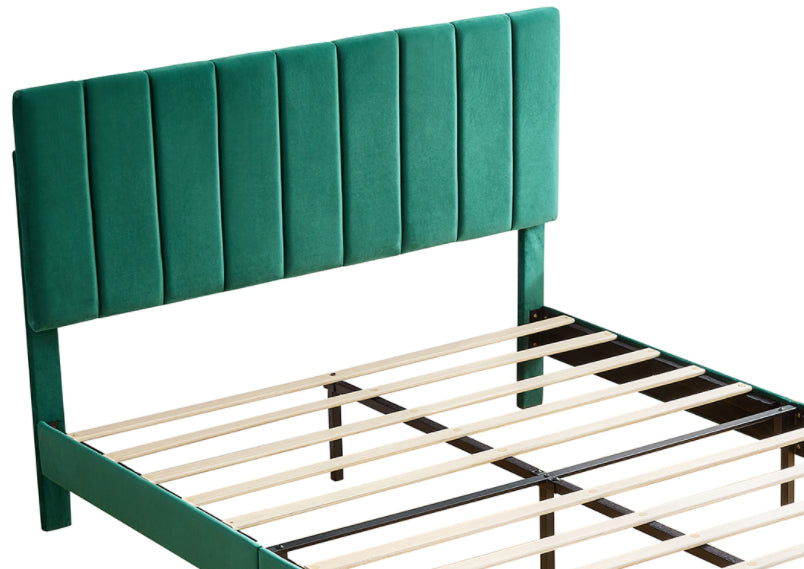 Full Size Frame Platform Bed With Upholstered Headboard And Slat Support, Heavy Duty Mattress Foundation, No Box Spring Required, Easy To Assemble, Green Green Wood