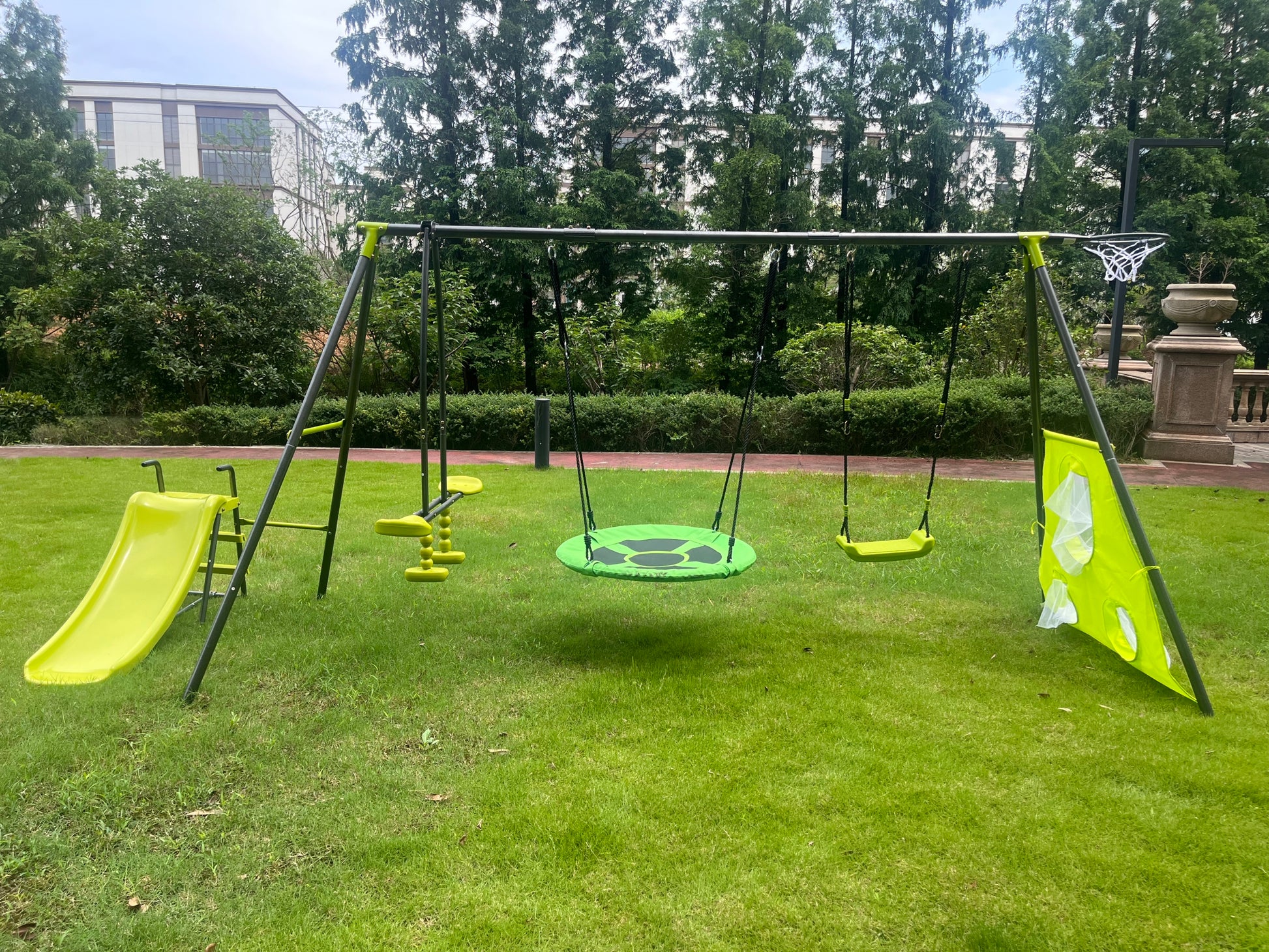Xns052 Green And Blue Interesting Six Function Swingset With Net Swing Metal Plastic Safe Swing Set 440Lbs For Outdoor Playground For Age 3 With 31.5In Net Swing Green Steel