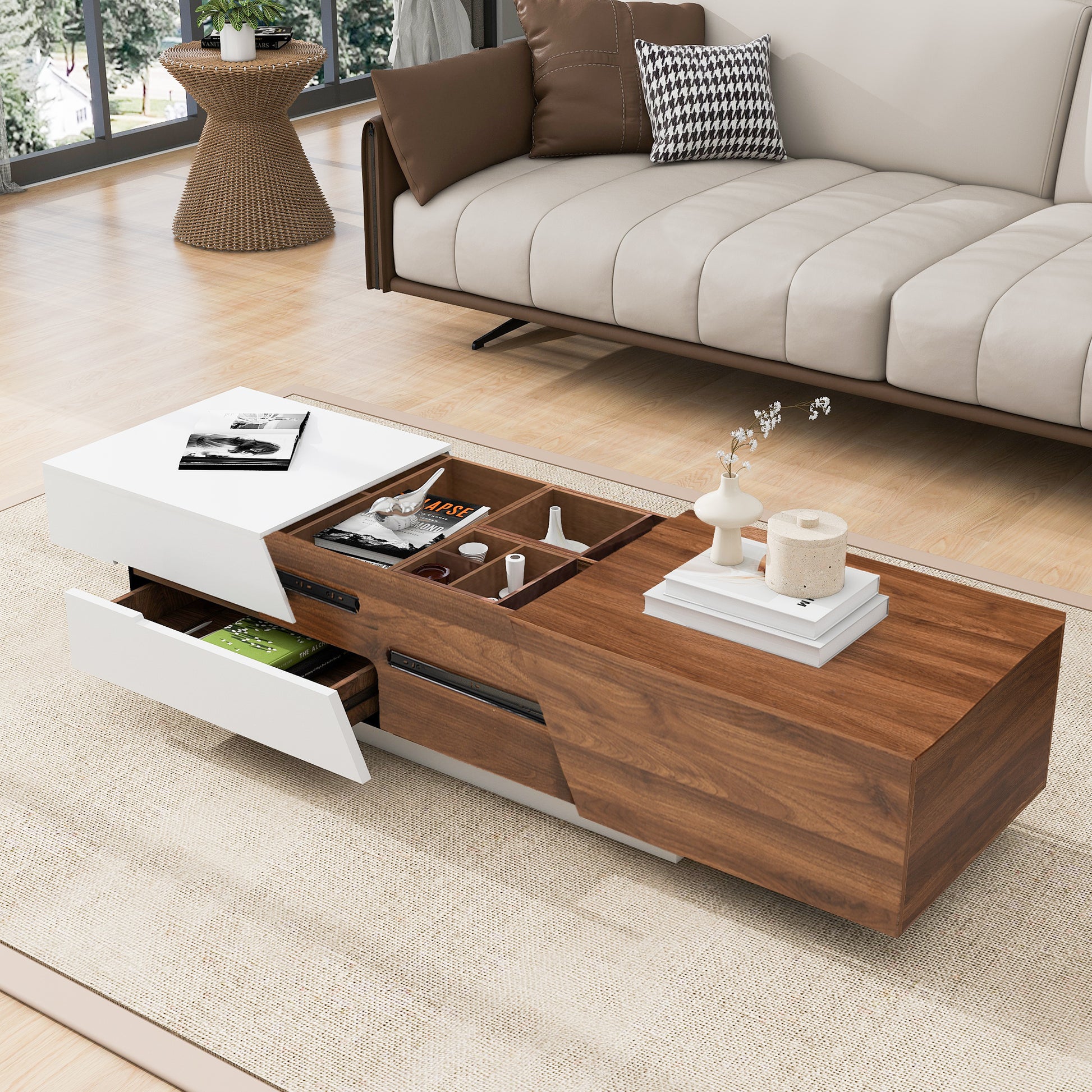 Modern Extendable Sliding Top Coffee Table With Storage In White&Walnut White Walnut Mdf