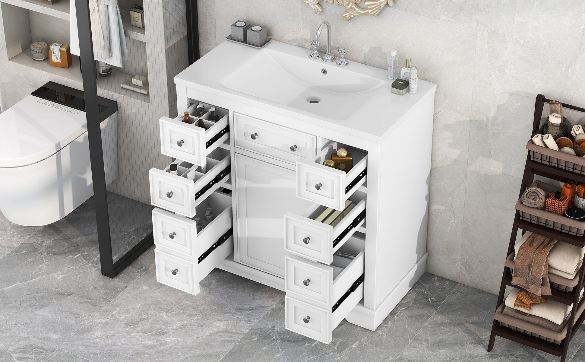 36" Bathroom Vanity With Sink Combo, One Cabinet And Six Drawers, Solid Wood And Mdf Board, White White Solid Wood Mdf