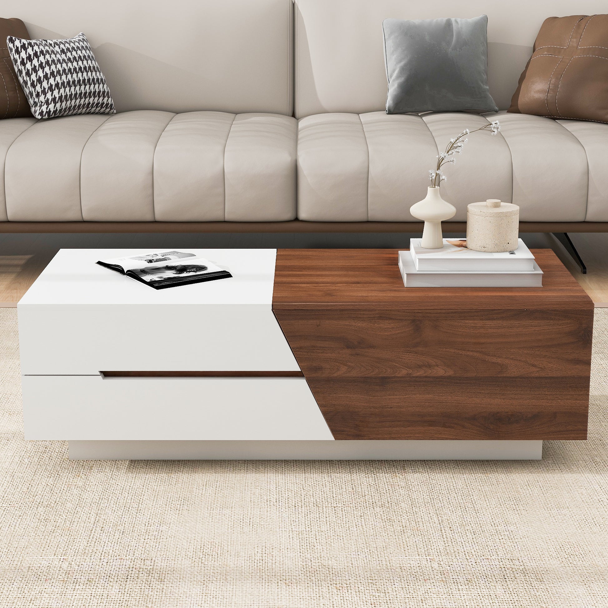 Modern Extendable Sliding Top Coffee Table With Storage In White&Walnut White Walnut Mdf